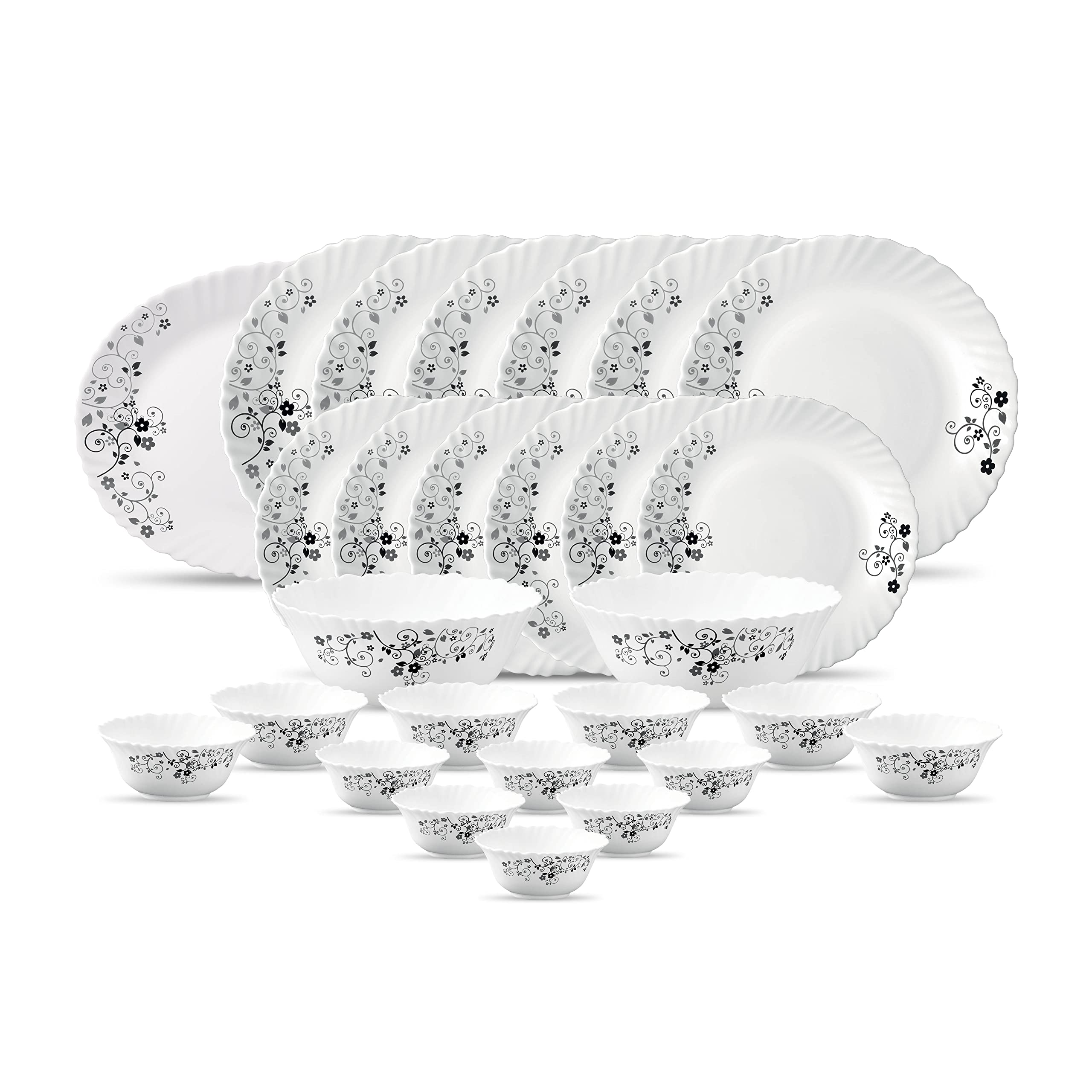 Laopala Diva, Classique Collection, Opal Glass Dinner Set 27 Pcs, Mystrio Black, White - 300 Ml