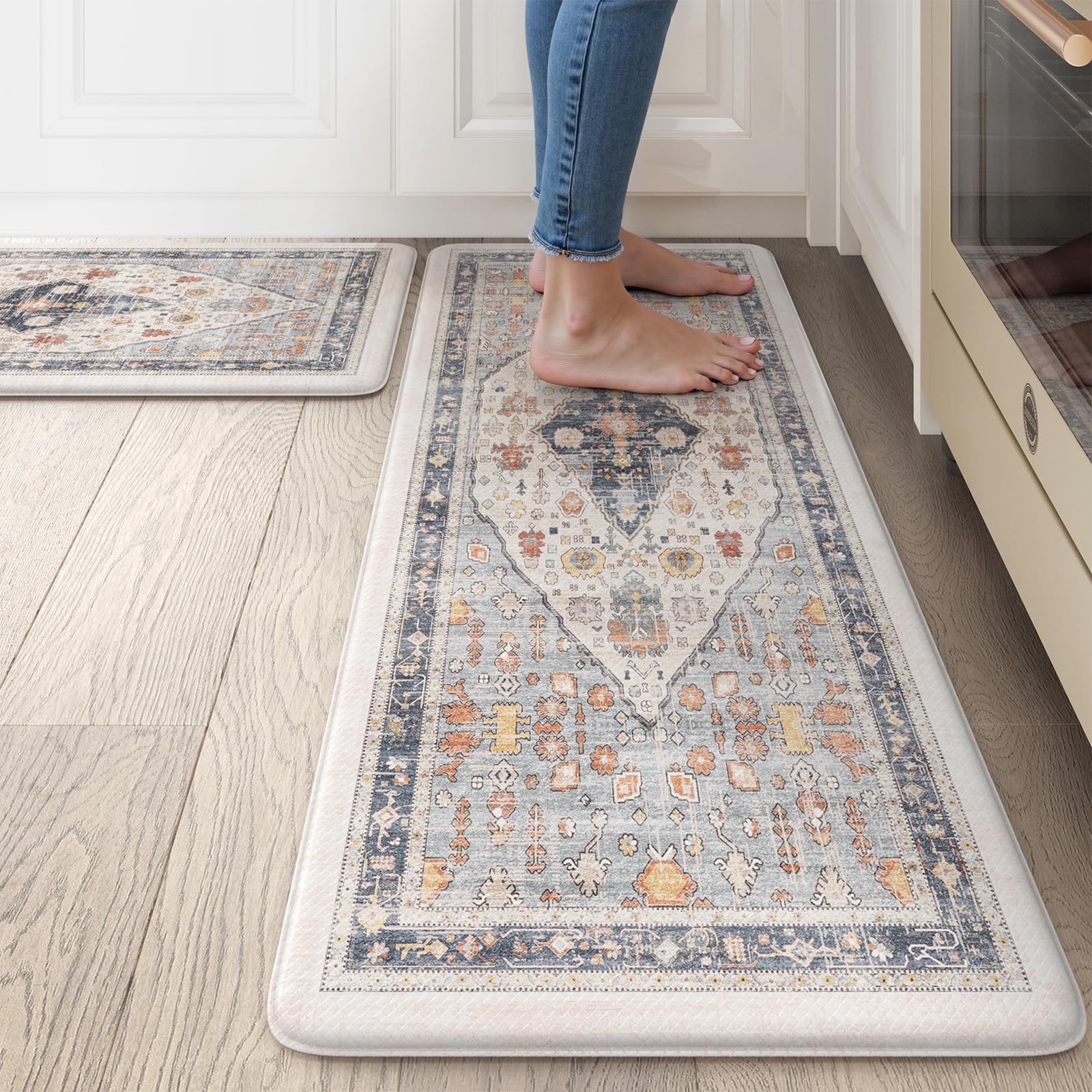 Collive Boho Floor Mats 2 PCS, Cushioned Anti-Fatigue Non-Skid Waterproof Under Sink Mat, Blue/Multi Comfort Standing Desk Mat f