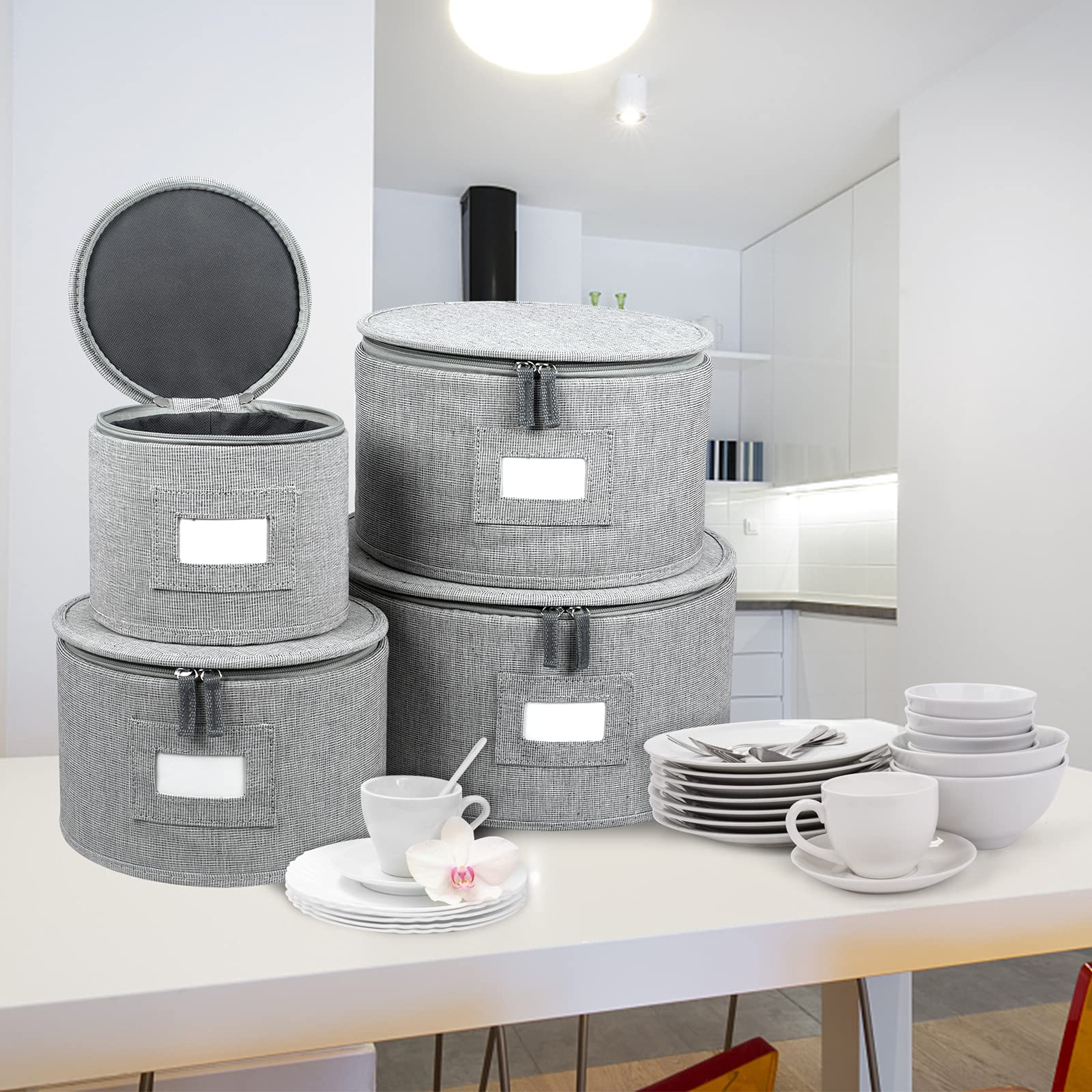 Vtvt China Storage Set, Hard Shell 4-Piece Set For Plate Storage And Transport, Protects Dishes Have Lable Window For Saucers An