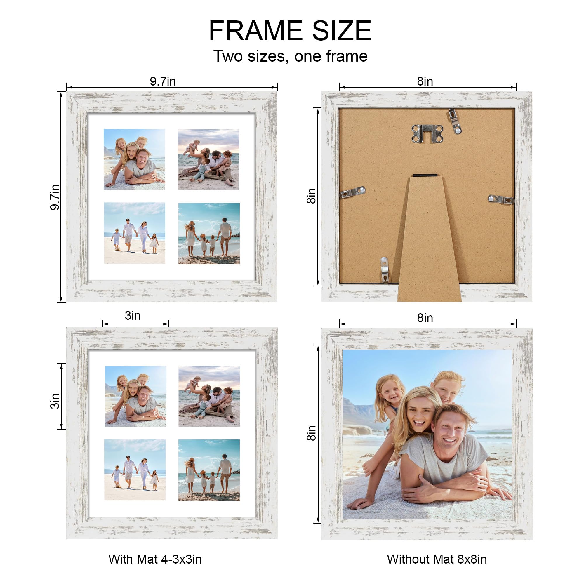 Hongkee 8x8 Picture Frame Set of 2, with Glass and Distressed White Wood Frames, Display Collage Four Opening 3x3 With Mat or 8