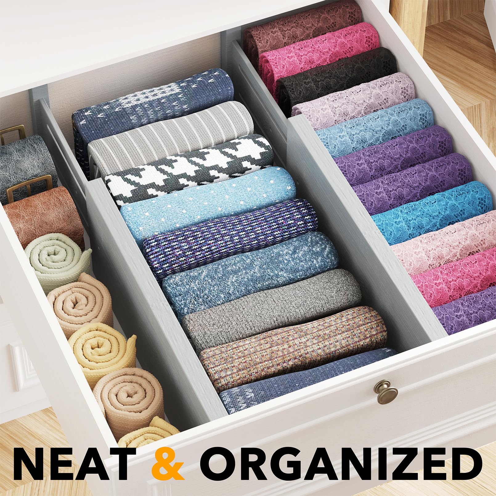 SpaceAid Bamboo 4 Pack Dresser Drawer Dividers, 4.65 High Adjustable 12.5-17    Drawer Organizers, Expandable Organization for C