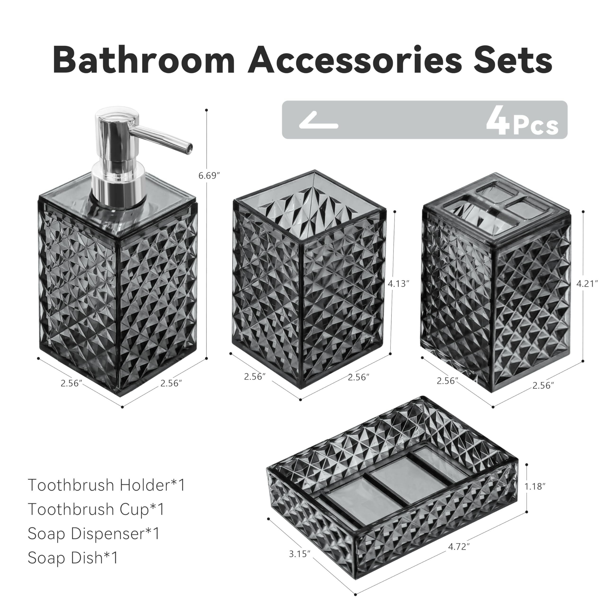 Seeatoo Bathroom Accessory Set, 4 Pcs Grey Bathroom Accessories Set, Soap Dispenser And Toothbrush Holder Set, Soap Dish And Mou