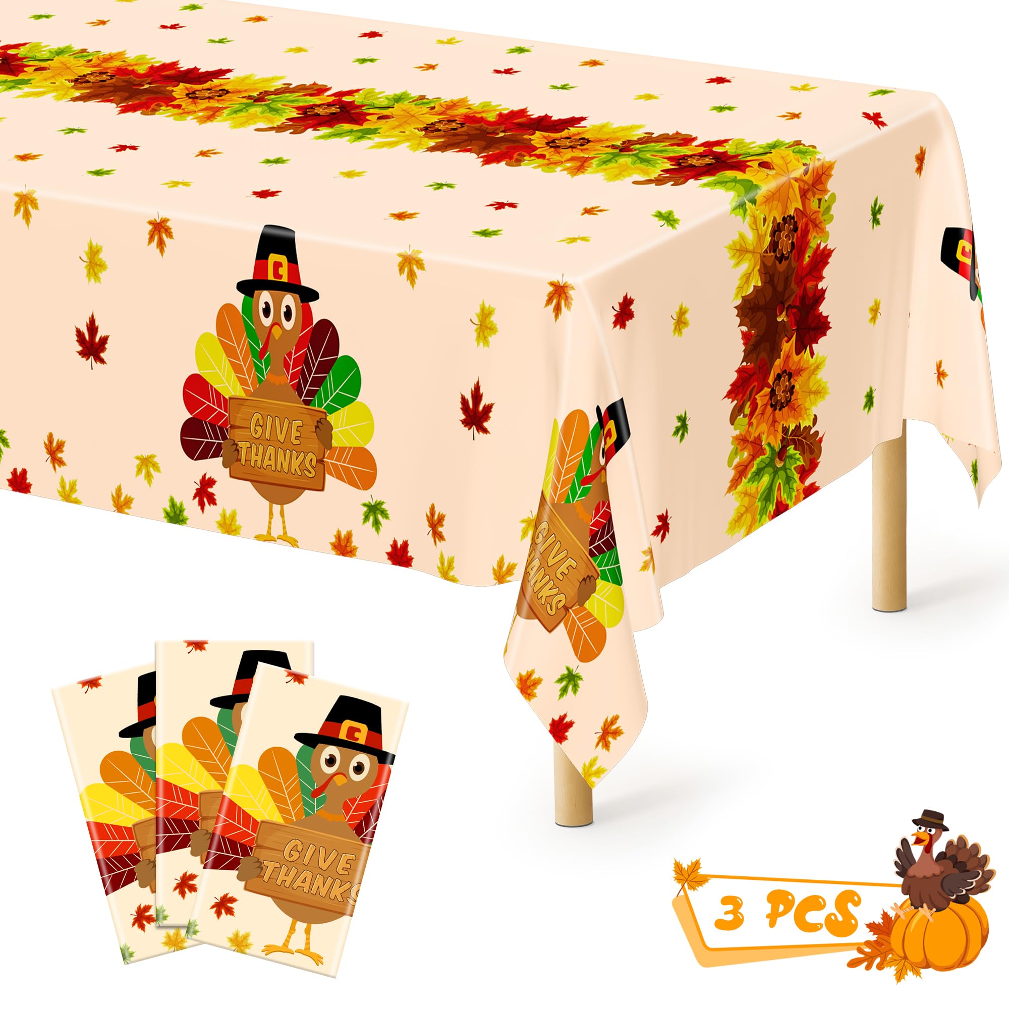 QZYL 3 Pack Thanksgiving Tablecloths, 54 x 108 Fall Disposable Table Cloth, Maple Leaves Turkey Tablecloth Rectangle Plastic Tab