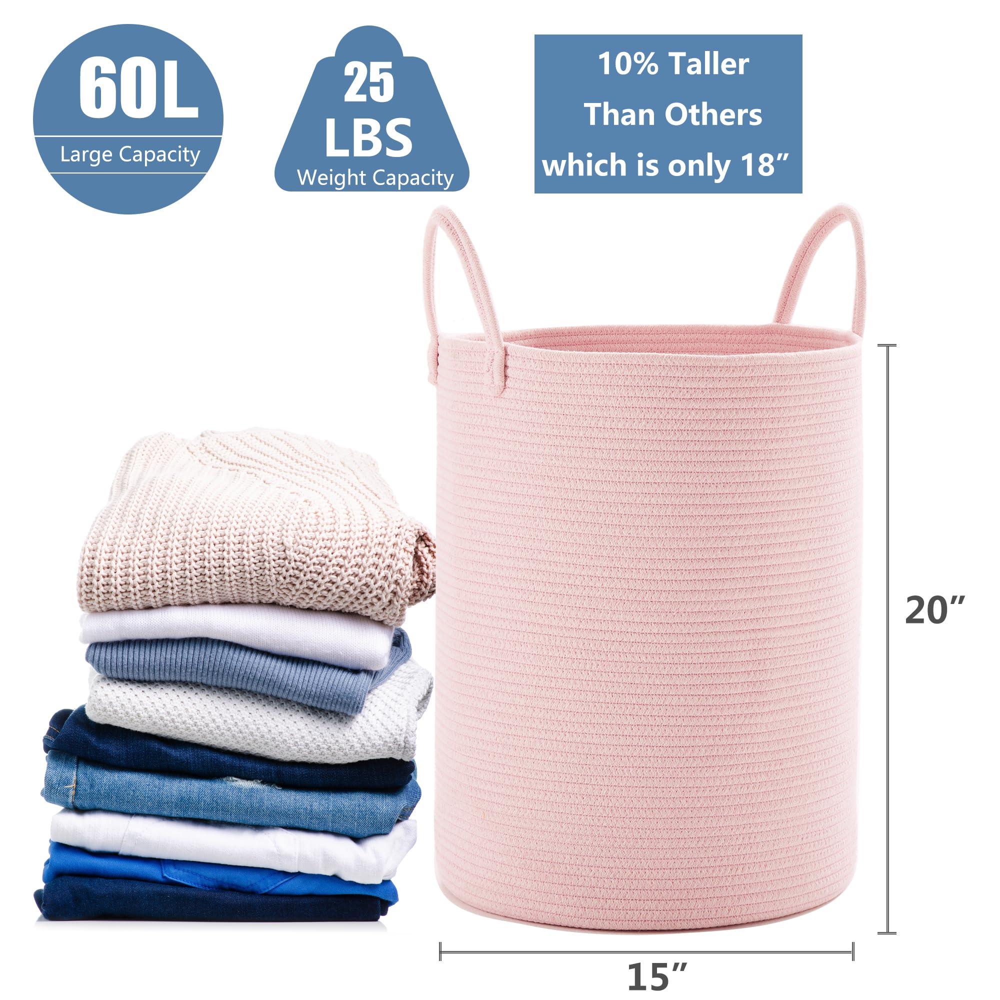 Mojoscend 60L Large Pink Laundry Hamper Basket For Grils Baby Nursery, 15Dx20H Inches Tall Toddler Clothes Hamper, Woven Rope Ha