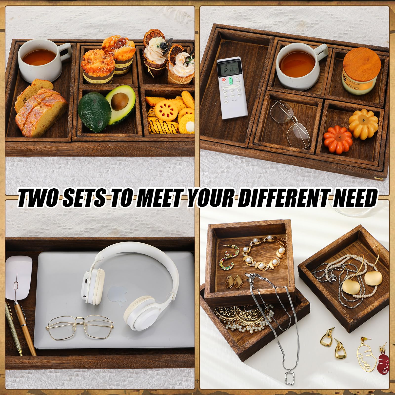 Geetery 2 Sets 14 Pcs Wooden Serving Trays With Handle Large Medium Small Mini Nesting Multipurpose Trays Rectangular Wood Servi