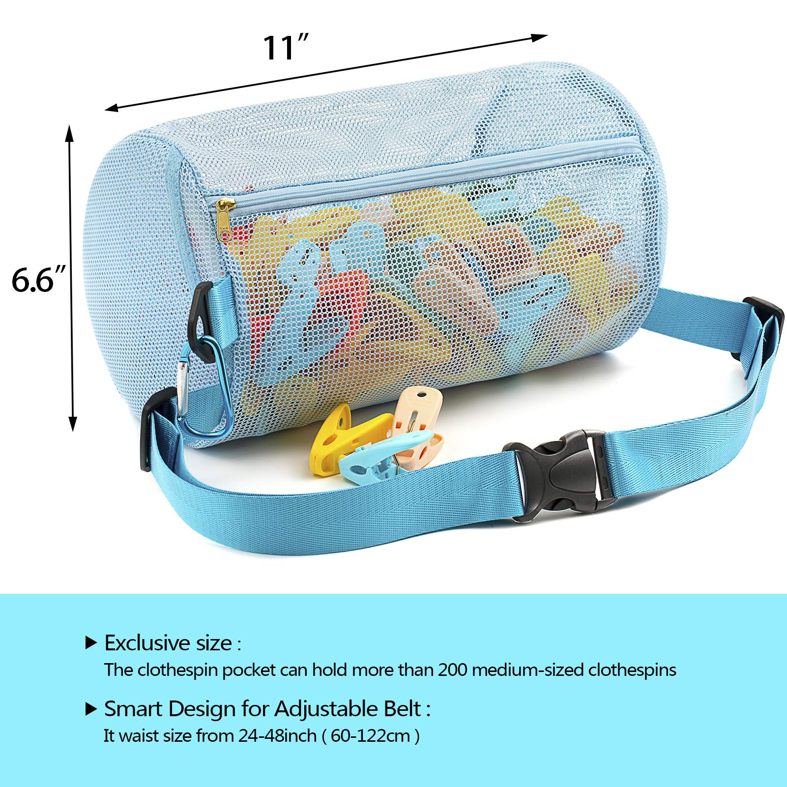 Minyee Net Zippered Clothespin Bag For Clothesline, Waist Pack Many Ways To Wear, Breathable Fabric, Large Opening, Large-Capaci