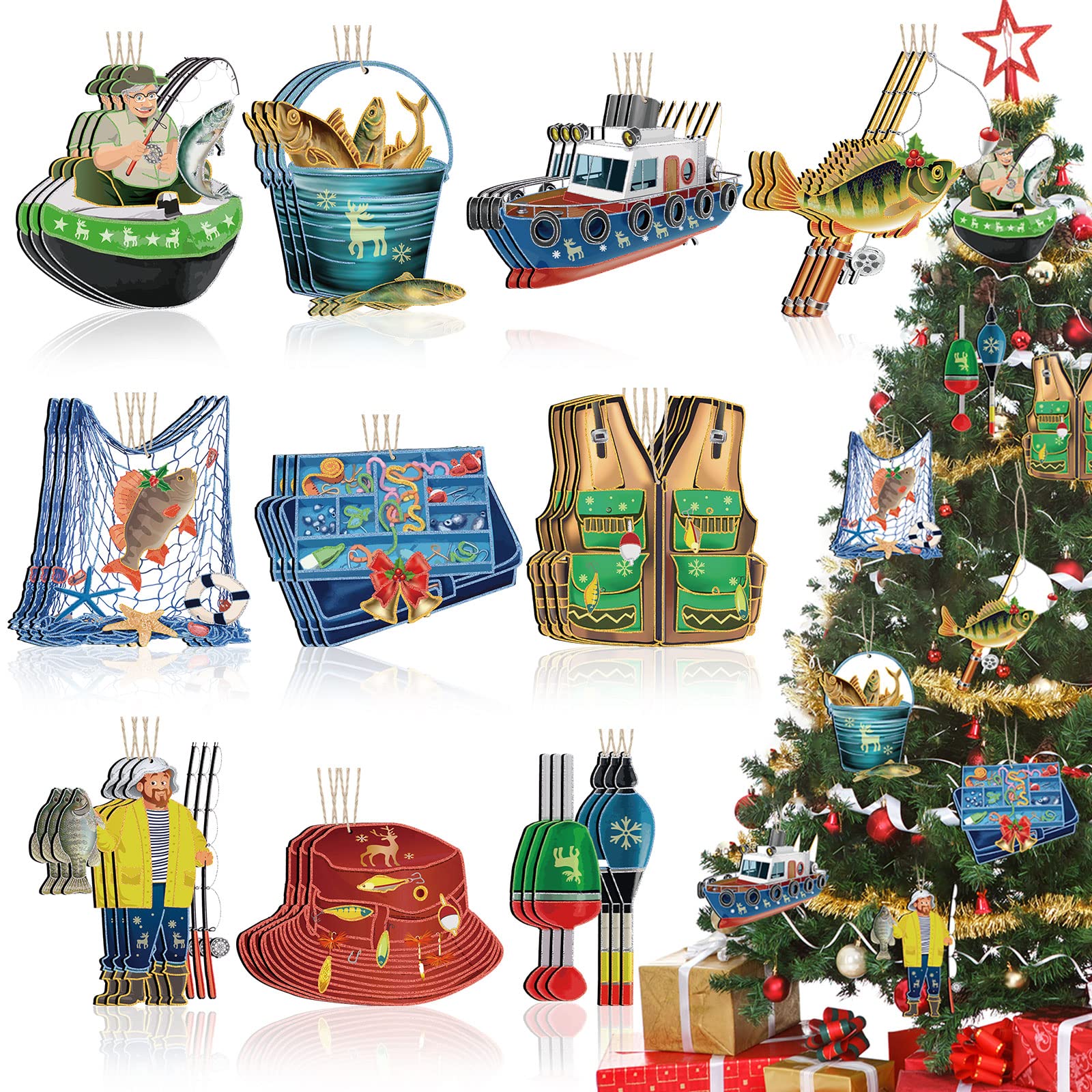 Amyhill 30 Pcs Fisherman Collection Ornaments Fishing Wooden Christmas Tree Ornament Fish Ornaments Fishing Lake Decor for Chris