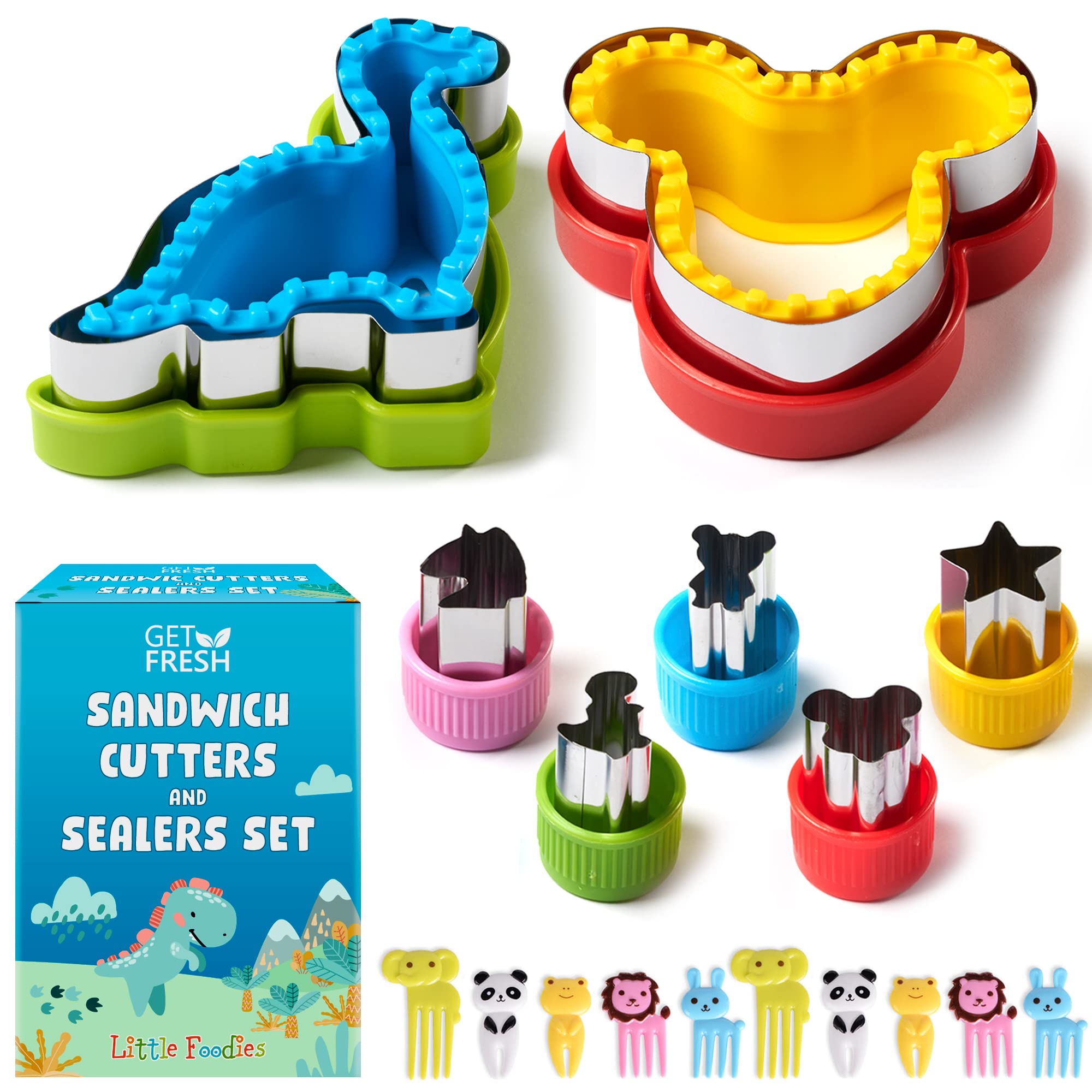 Get Fresh Sandwich Cutters And Sealers For Children - 17-Pcs Stainless Steel Sandwich Sealers And Veggie Cutters For Kids - Dino