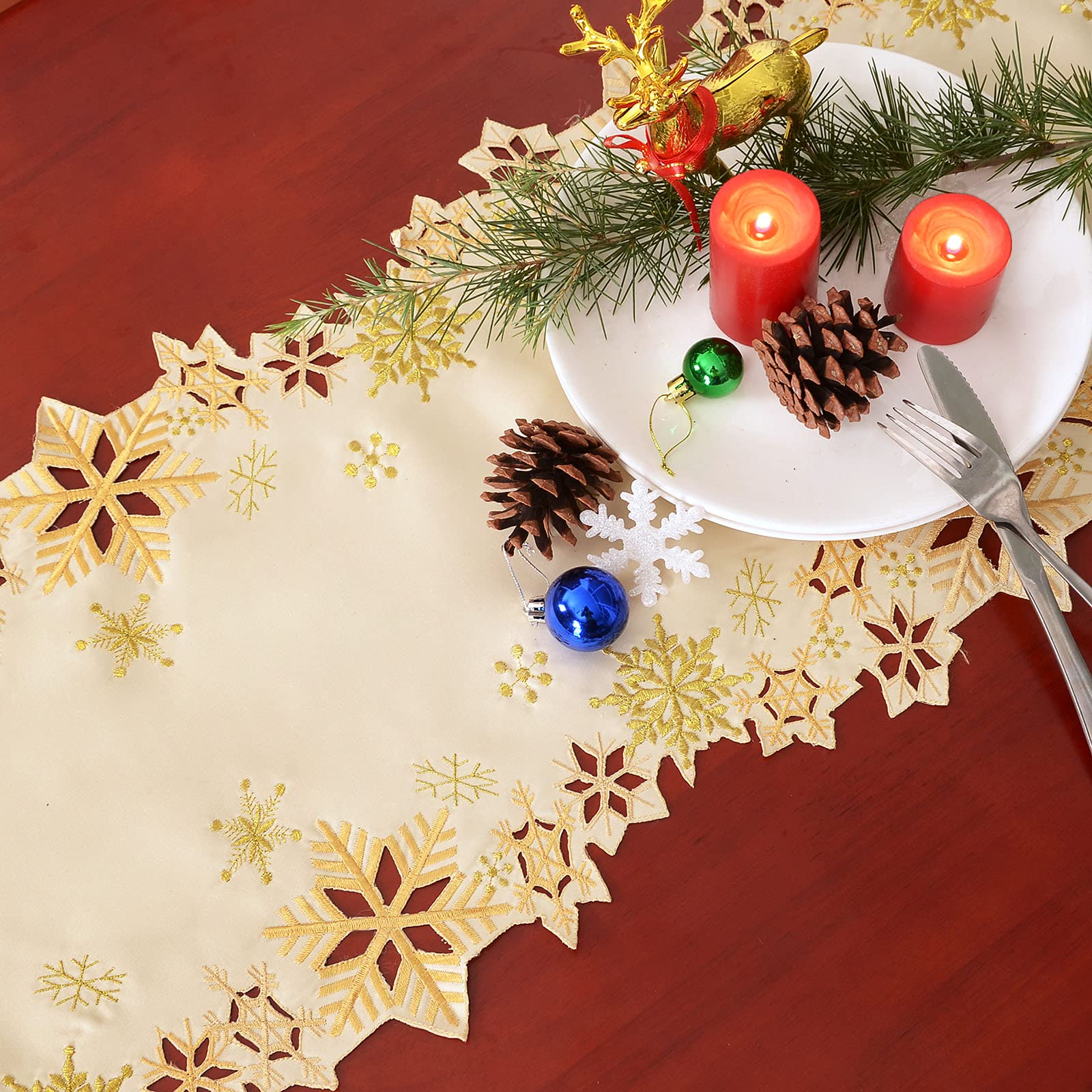 Simhomsen Embroidered Snowflakes Table Runners For Christmas Holiday And Winter (Gold, 14