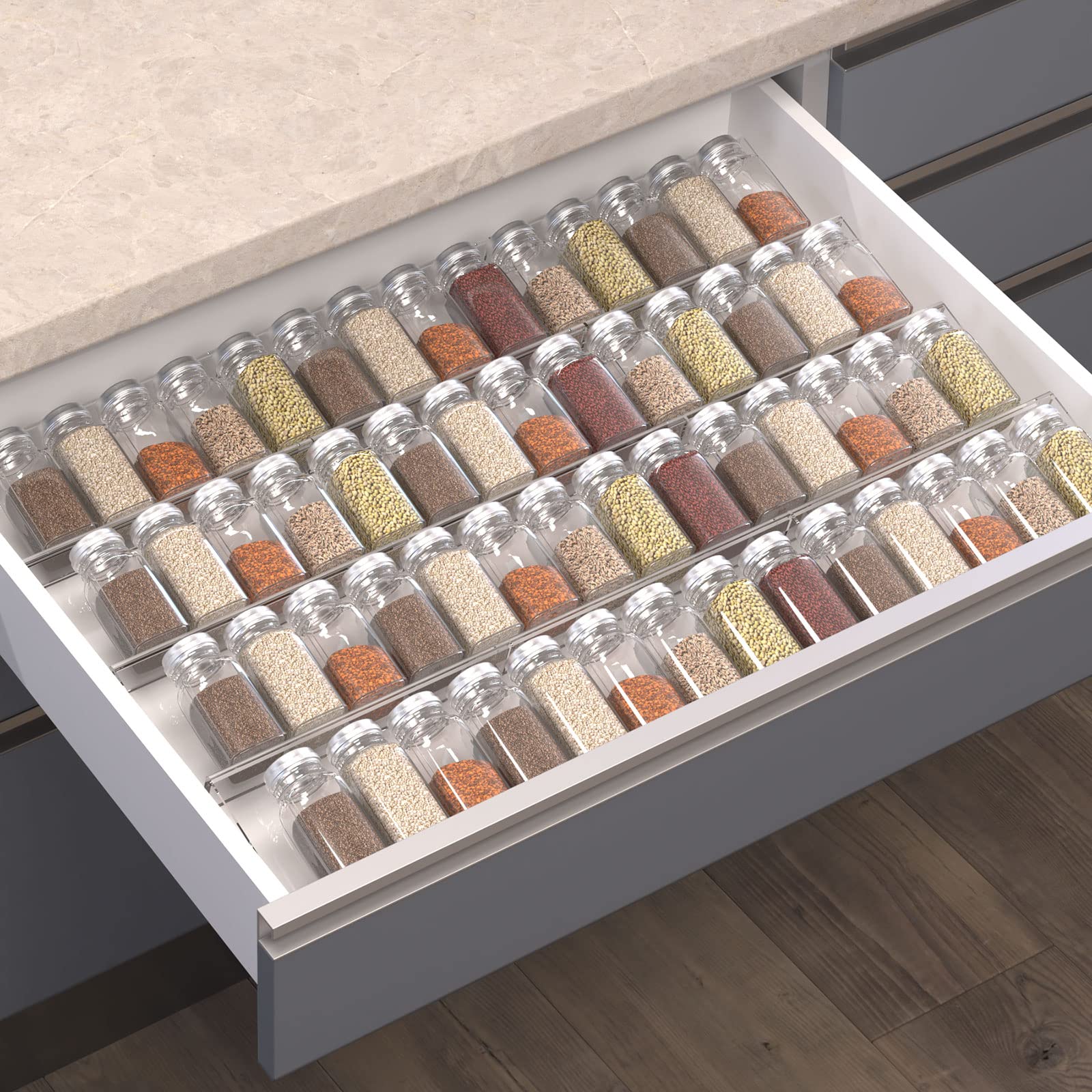 Spice Drawer Organizer, 6 Pcs Clear Acrylic In Drawer Seasoning Jars Rack, Expandable From 8'' to 16'' Kitchen Cabinets/Countert