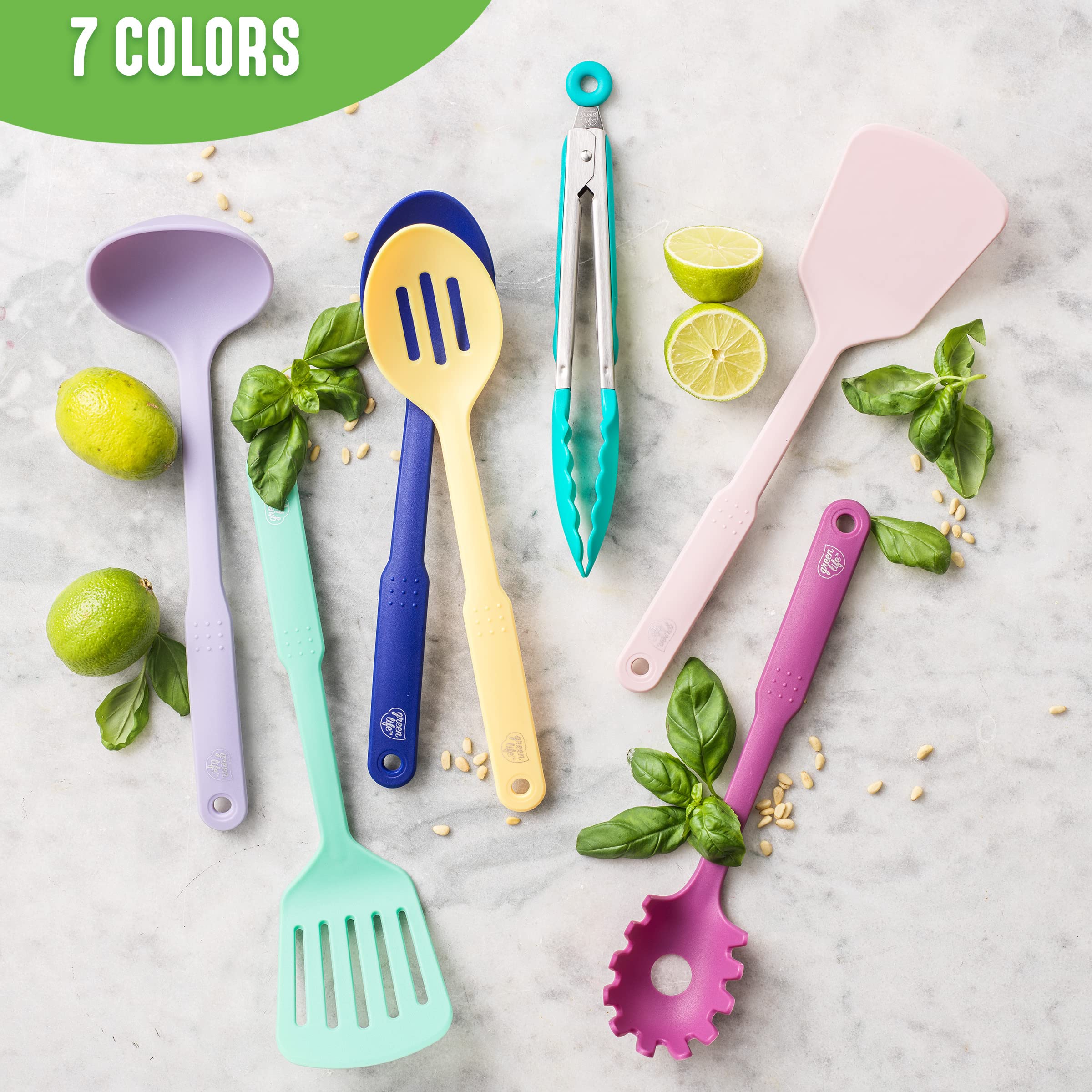 Greenlife Cooking Tools And Utensils, 7 Piece Nylon Set Including Spatulas Turner Spoons And Tongs, Dishwasher Safe, Turquoise
