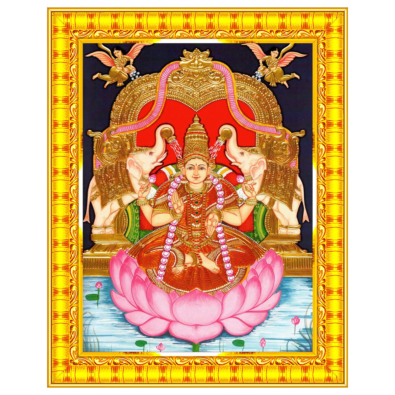 Pavan Photo Laminations Goddess Lakshmi Devi Vaibhav Laxmi Tanjore Wall Painting Framed Home Decor (Wood,Matte,Gold,Small Size,6