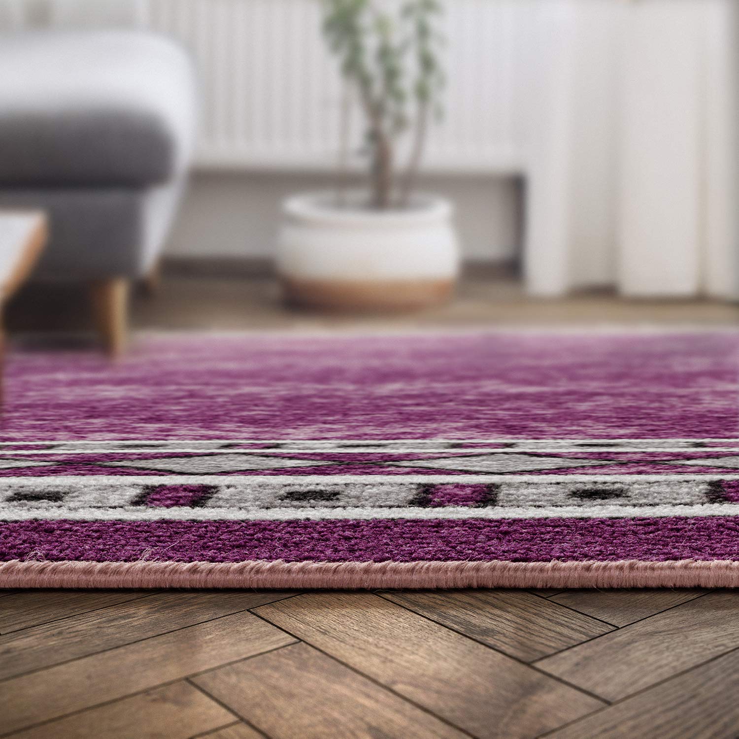 Antep Rugs Alfombras Modern Bordered 5x7 Non-Skid (Non-Slip) Low Profile Pile Rubber Backing Indoor Area Rugs (Purple, 5 x 7)