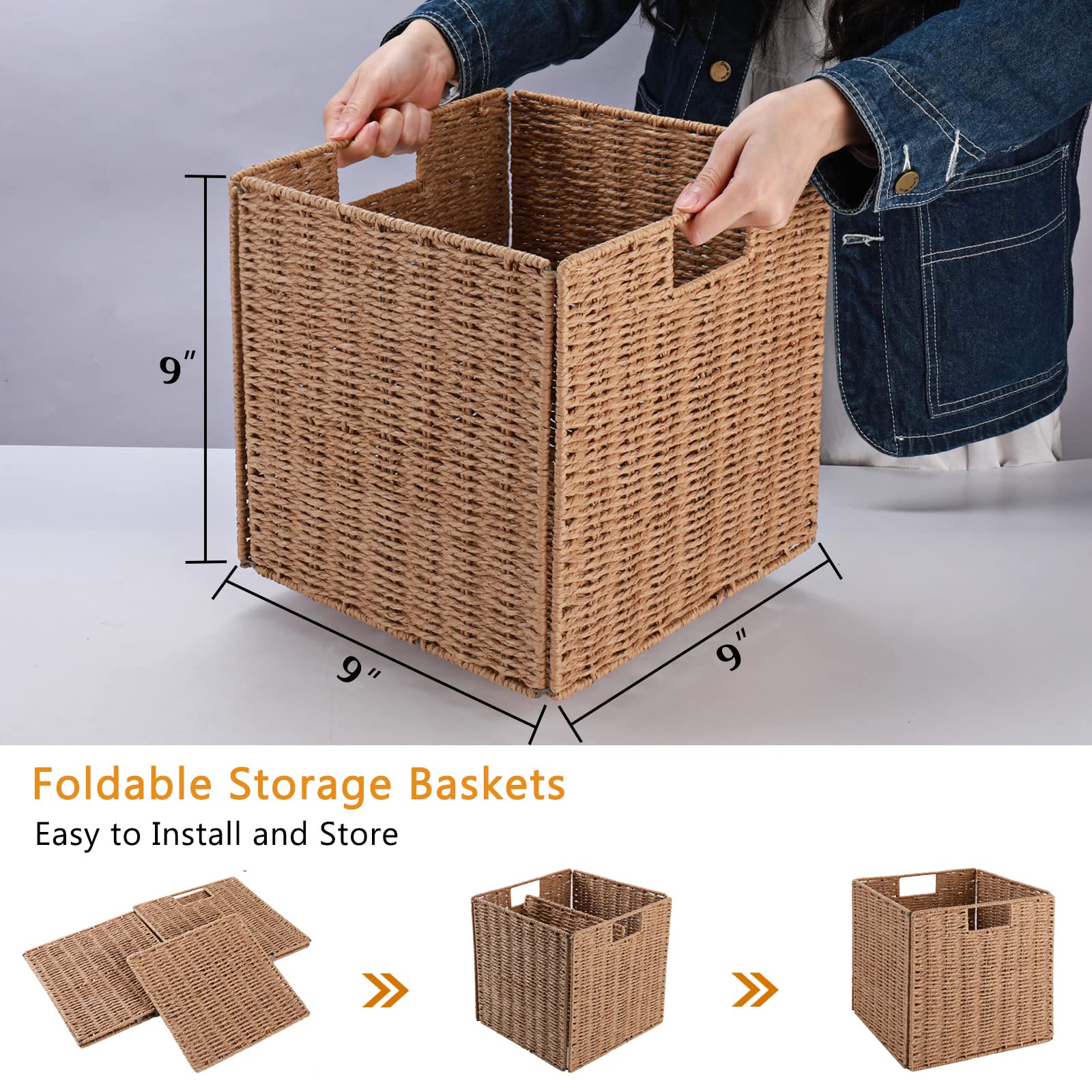 Vagusicc Wicker Storage Basket, Set Of 2 Hand-Woven Storage Baskets For Shelves With Handles Foldable Cube Storage Baskets Bins,