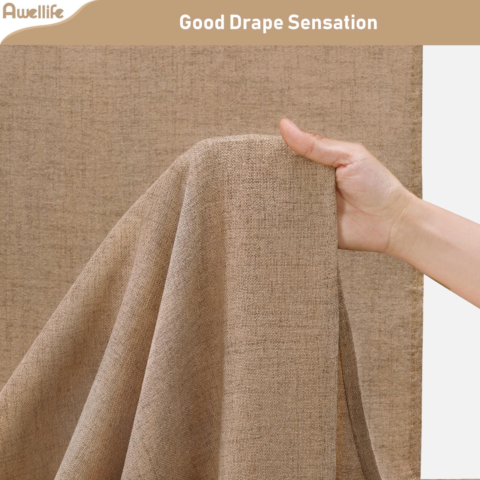 Awellife Extra Long Brown Linen Style Shower Curtain Set With 12 Durable Hooks - Tan Textured Fabric Heavy Cloth Shower Curtains