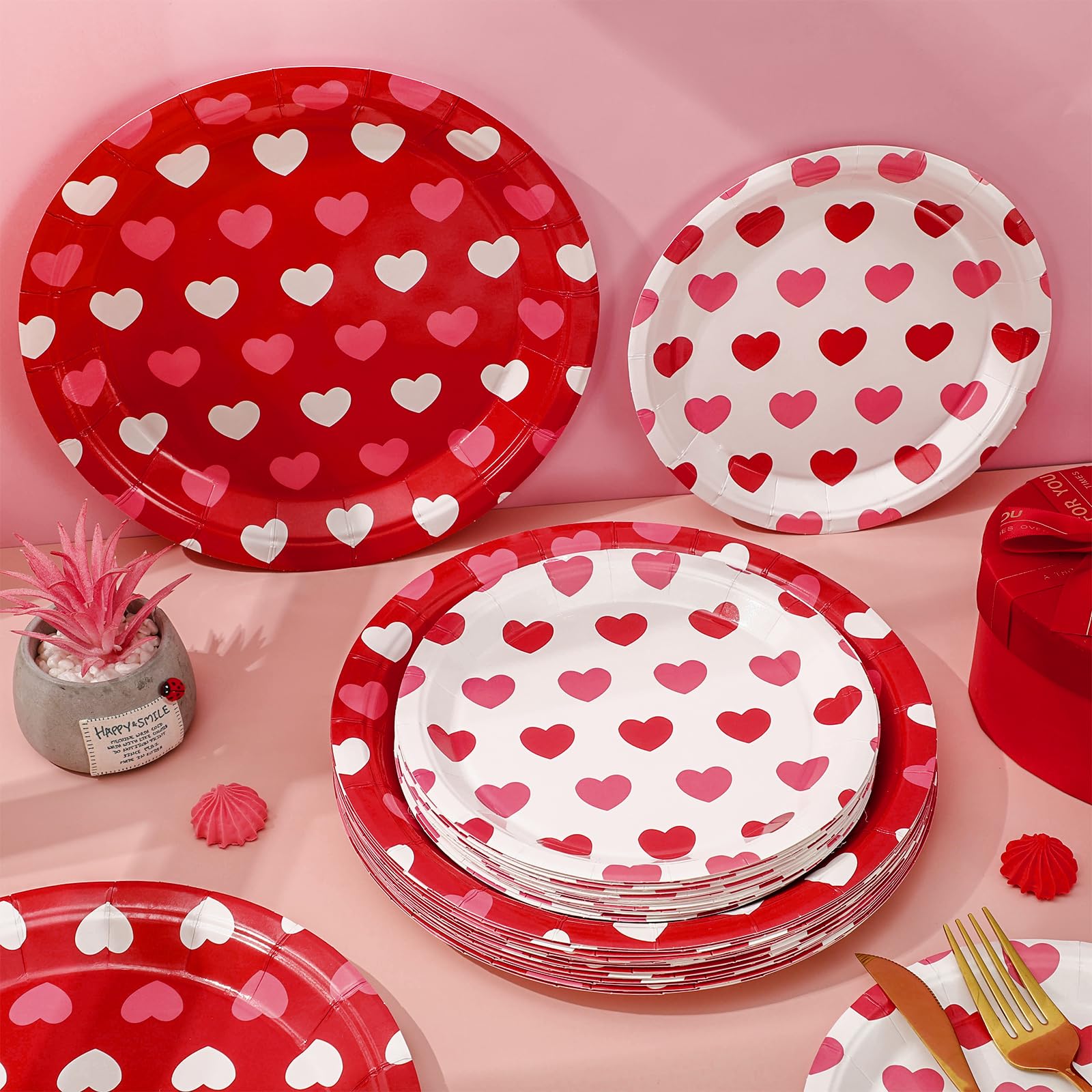 Jarthenaamcs 50Pcs Valentine'S Day Paper Plates Love Heart Disposable Plates 7 & 9 Inch Red White Tableware Plates Set For Weddi