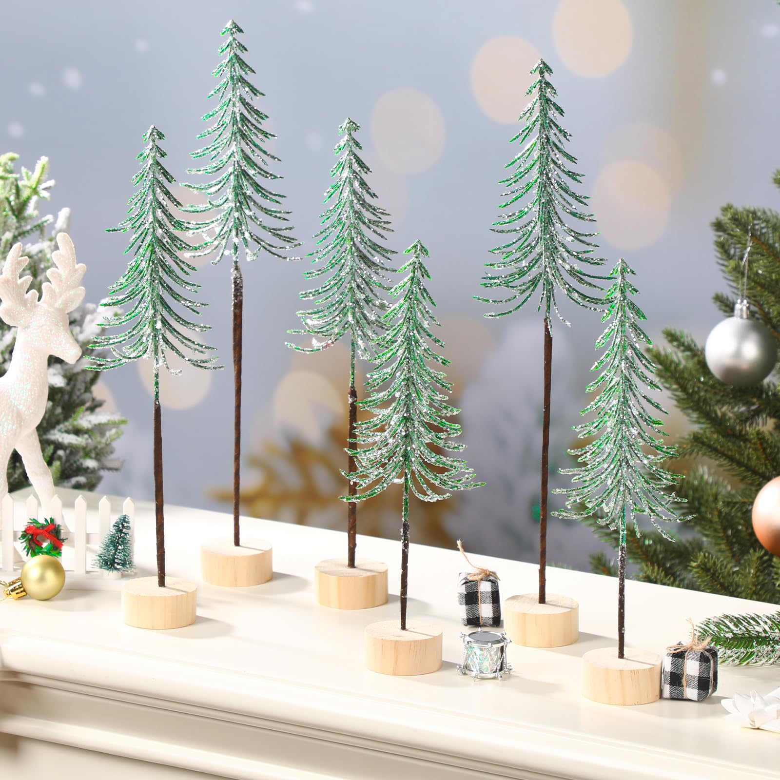 Jetec 6 Pcs Tabletop Mini Christmas Tree Small Alpine Trees Artificial Pine Christmas Tree with Wooden Base Snow Frost Trees or