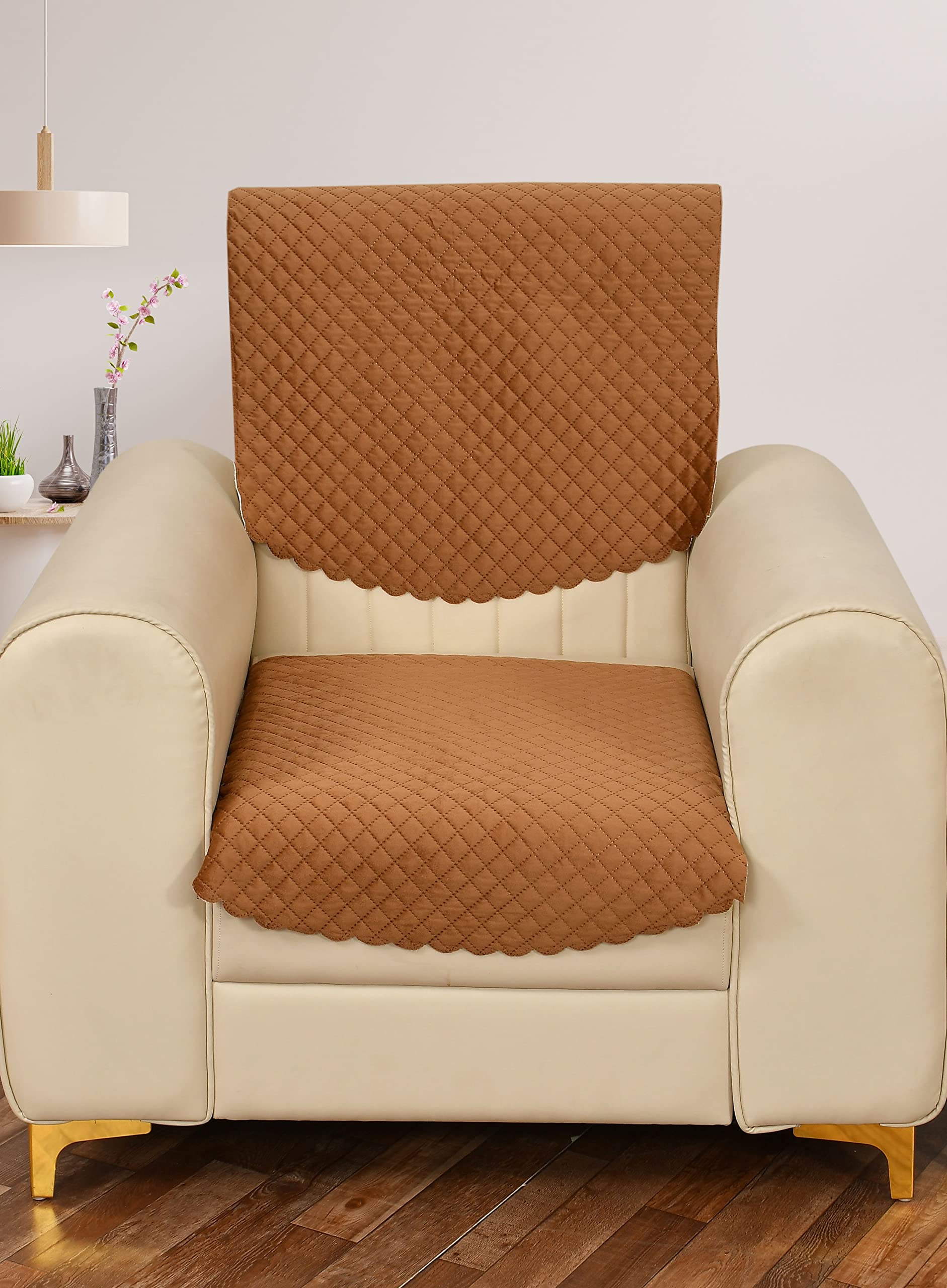 Yellow Weaves 1 Seater Self Design Quilted Sofa Chair Cover, Seat & Back Cover, Color - Brown, Velvet