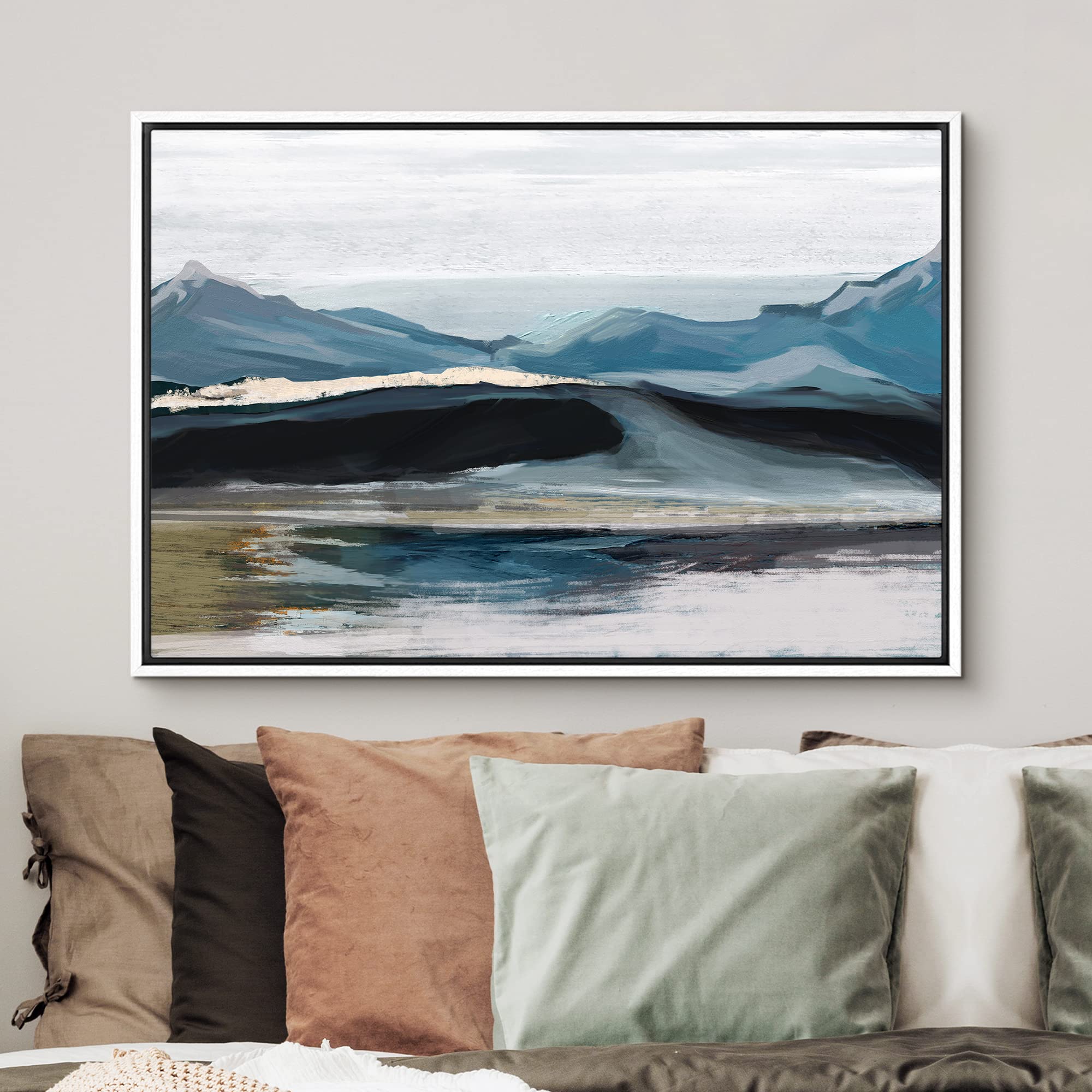 Signford Framed Canvas Print Wall Art Pastel Blue Scenic Mountain Range Nature Wilderness Illustrations Modern Art Rustic Zen La