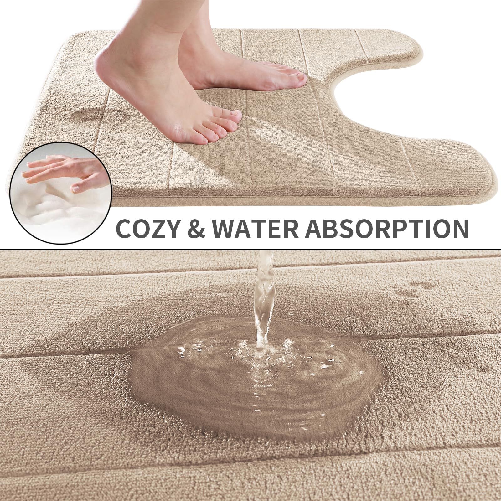 Yimobra Memory Foam Toilet Bath Mat U-Shaped  Soft and Comfortable  Super Water Absorption  Non-Slip  Thick  Machine Wash and Easier to Dry for Bathroom Commode Contour Rug  24 X 20 Inches  Beige