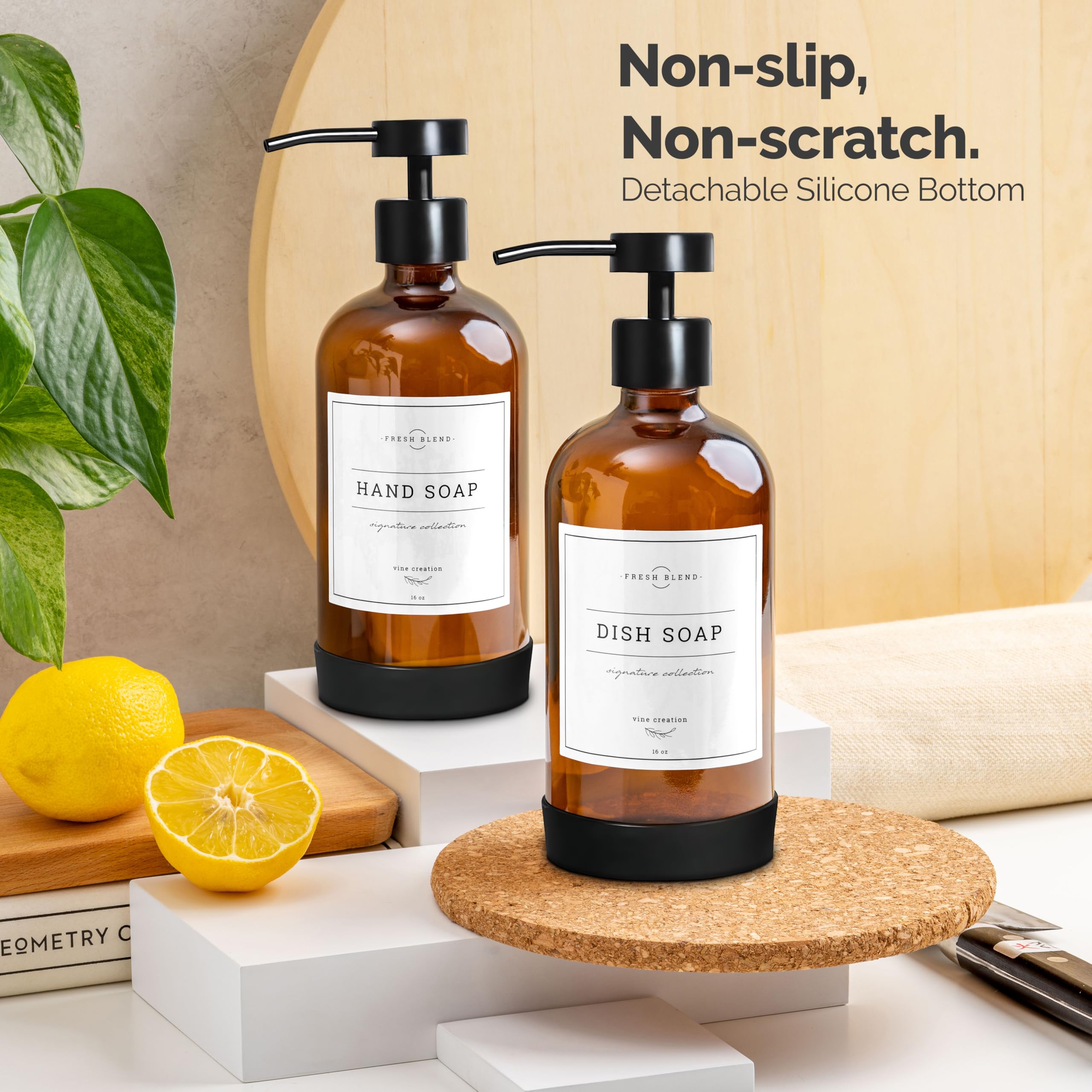 Vine Creations Amber Glass Soap Dispenser Set - Kitchen Soap Dispenser Set Stainless Steel Pump - Hand Soap Dispenser Bathroom -