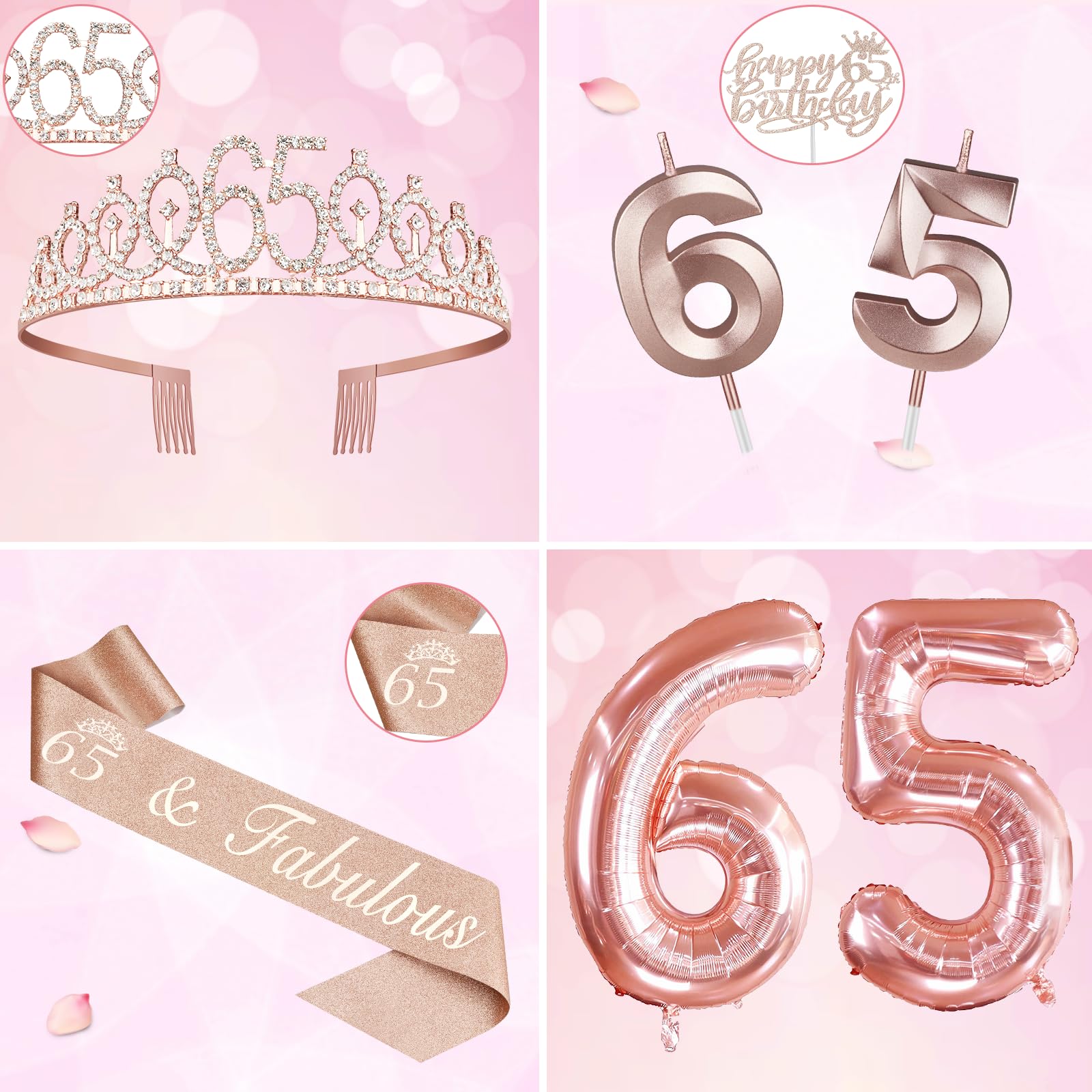 65Th Birthday Decorations For Women, Including 65Th Birthday Sash And Tiara, Birthday Cake Topper And Number 65 Candles, 65 Ball