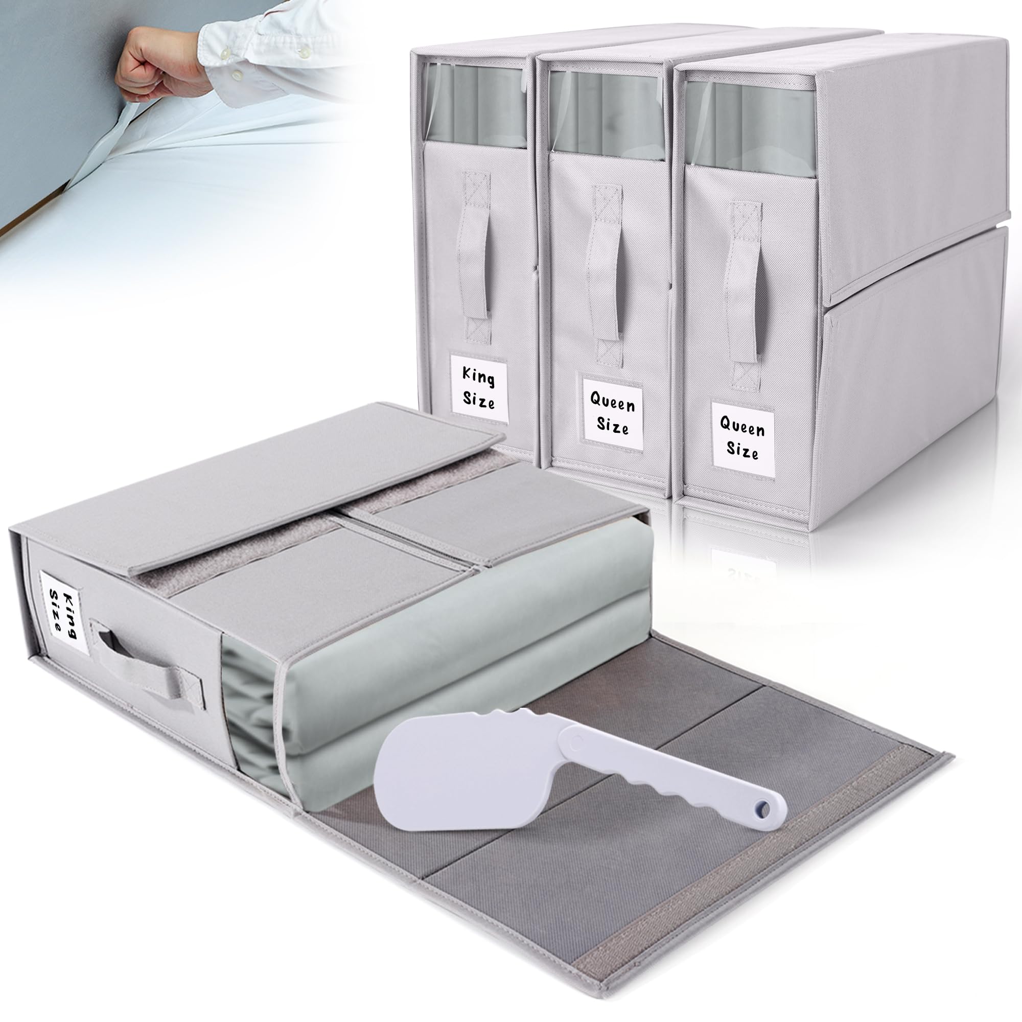 ALCOVA 4 Pack Bed Sheet Organizers and Storage with 1 Bed Sheet Tucker, Linen Closet Organizer Fits Queen & King Sheets, Bed She