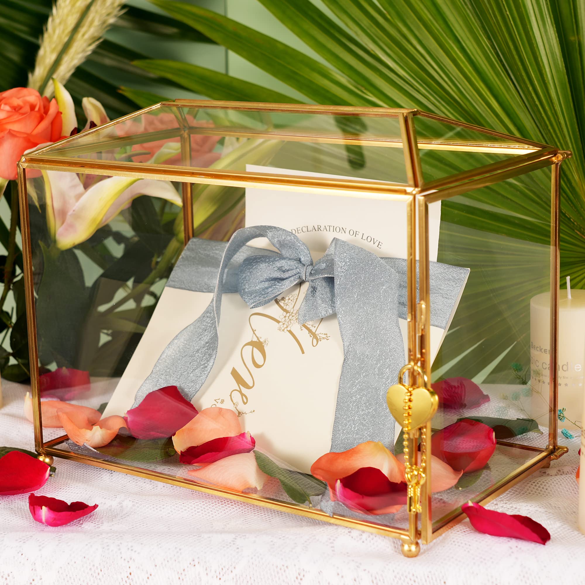 WHSLILR 12.6 Glass Card Box Wedding Card Box with Lock for Wedding Reception Cosmetic Home Decor, Handmade Large Geometric Terra