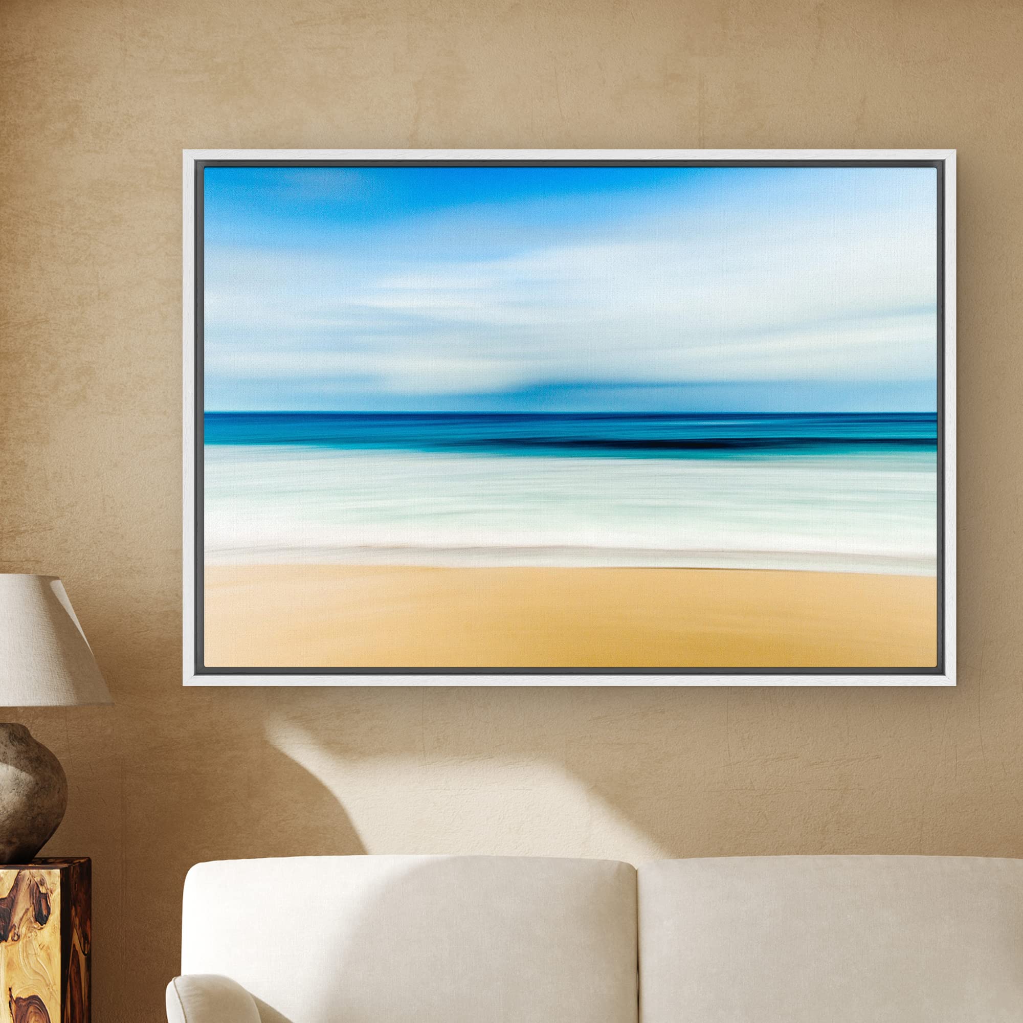 Signwin Framed Canvas Wall Art Blue Sky With Sea Reflection By The Sandy Beach Coastal Ocean Oil Painting Abstract Modern Closeu