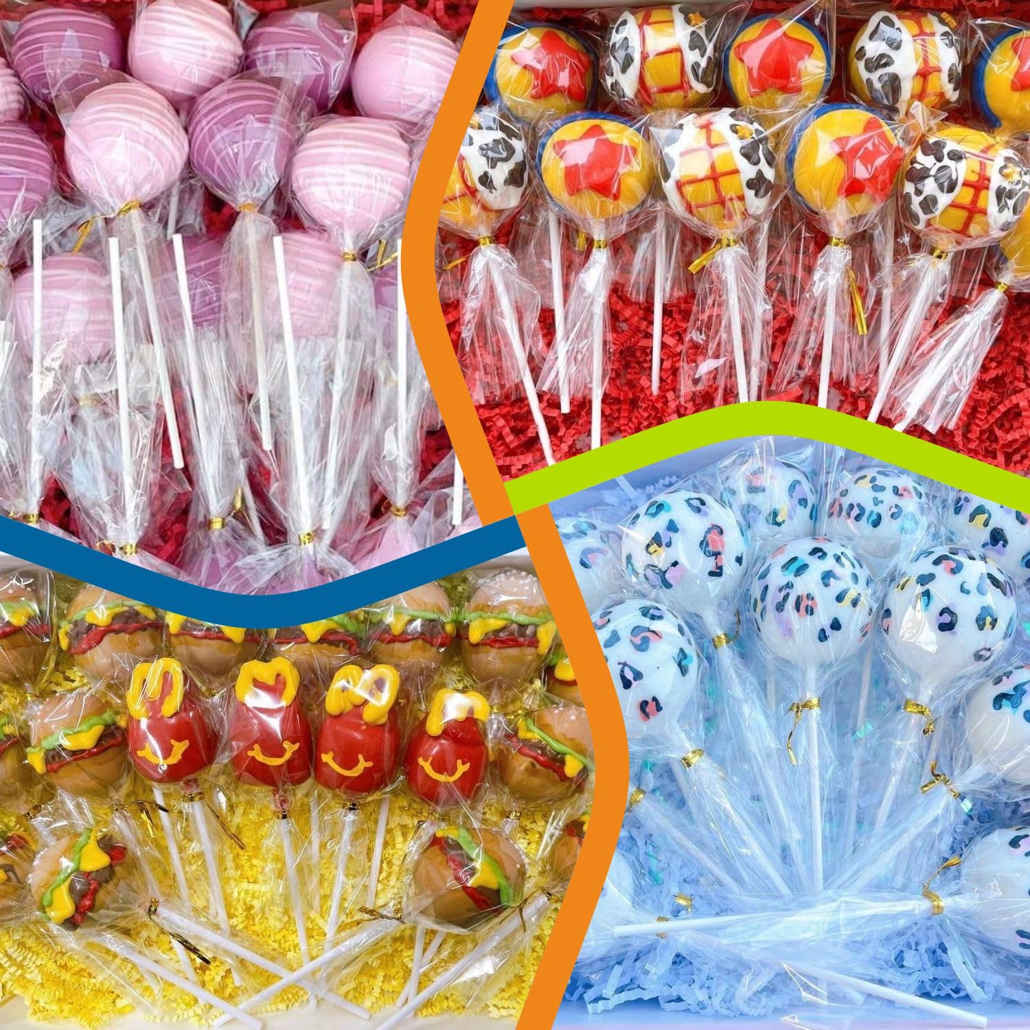 300Pcs 6Inch Lollipop Sticks, Cake Pops, Candies, Chocolates And Cookies Bag Set Including 100 Parcel Bags, 100 Papery Treat Sti