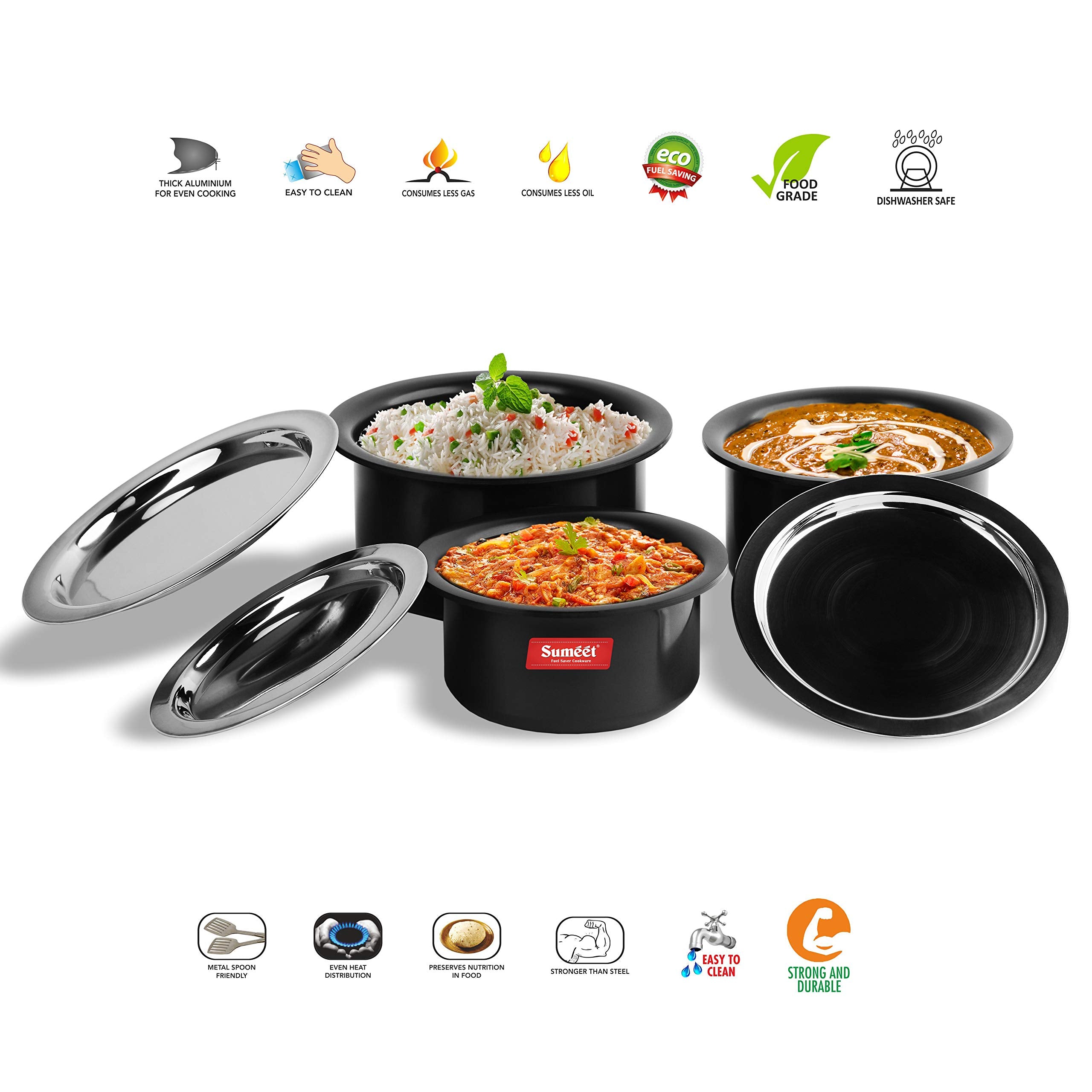 Sumeet Aluminium Cookware Set With Lid, 0.9 LTR, 1.4 LTR, 1.8 LTR, 3 Piece top, 3 piece lid (Black)