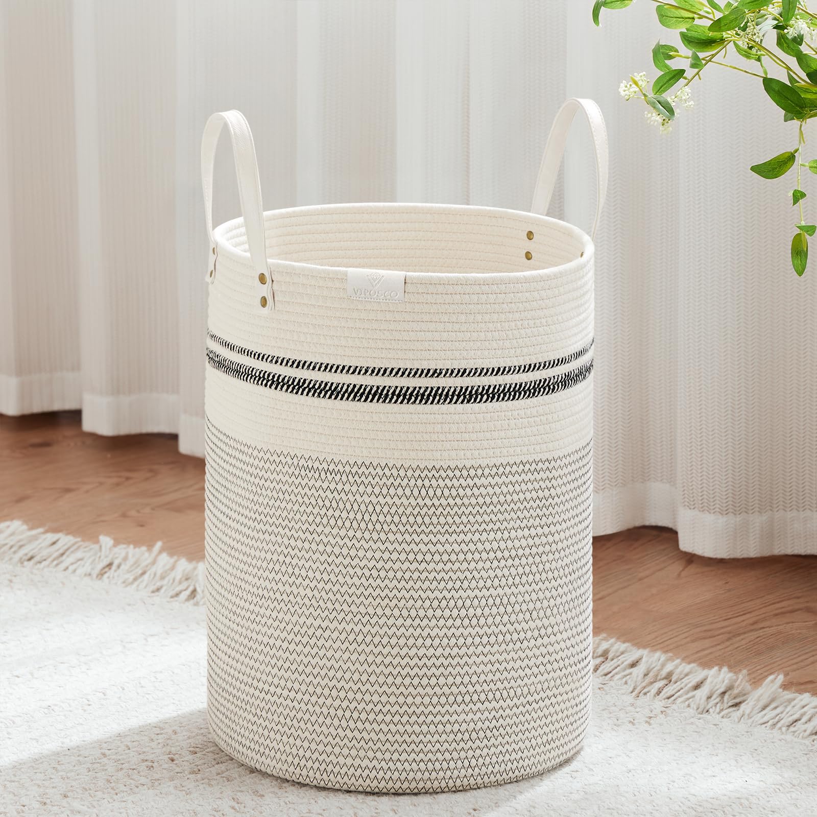 Viposco Tall Laundry Basket, Large Dirty Clothes Hamper With Leather Handle, Woven Rope Storage Basket For Blanket, Toy In Livin