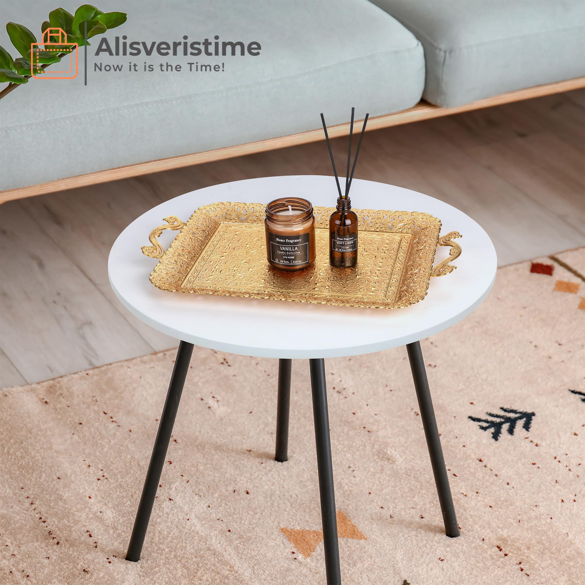 Alisveristime Turkish Ottoman Authentic Floral Design Zamak Serving Tray For Coffee & Tea (16.50 In X 11 In) (Gold)