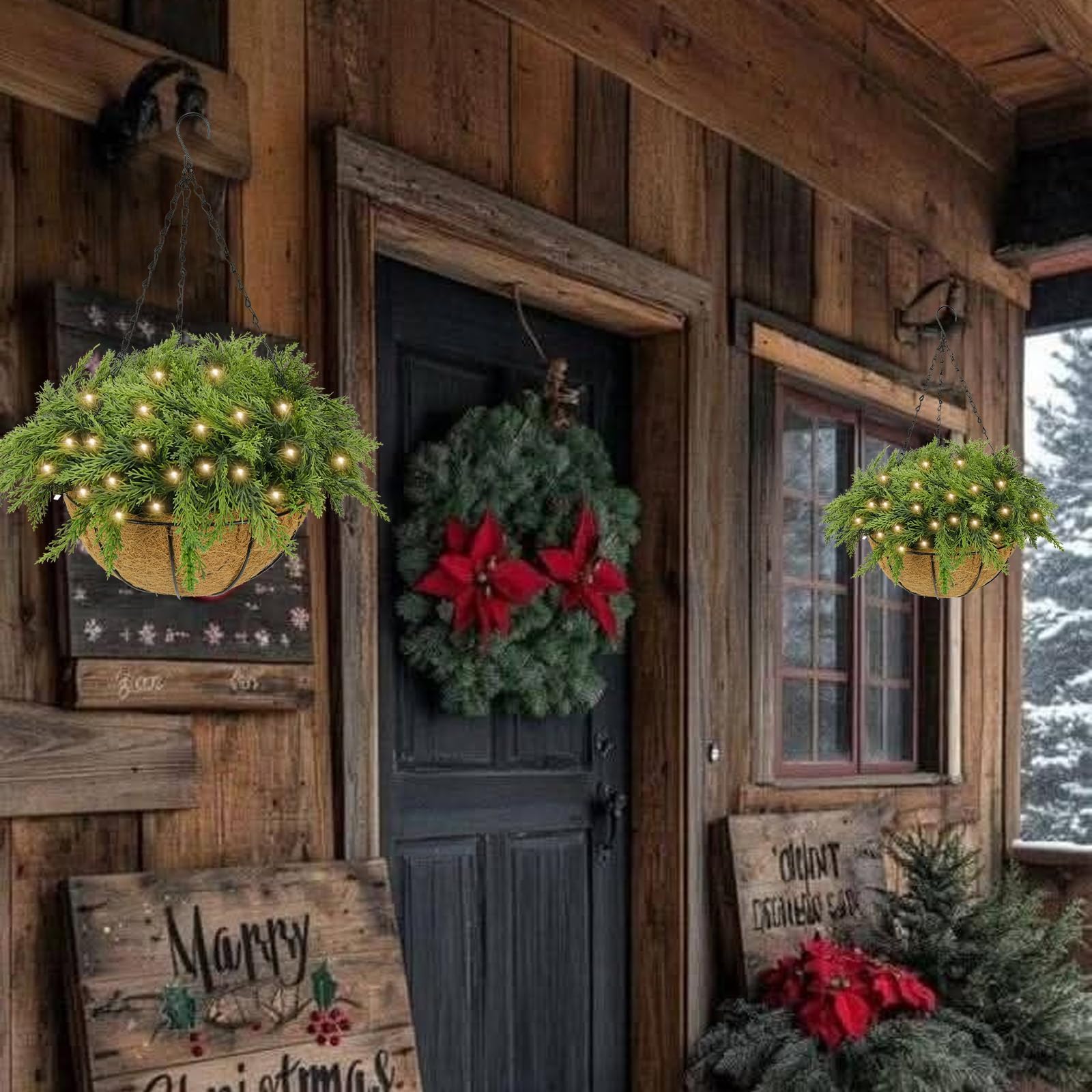 HUAESIN Christmas Hanging Baskets 15inches Outdoors Christmas Baskets with Pine Branches Winter Outdoor Porch Decor Artificial H