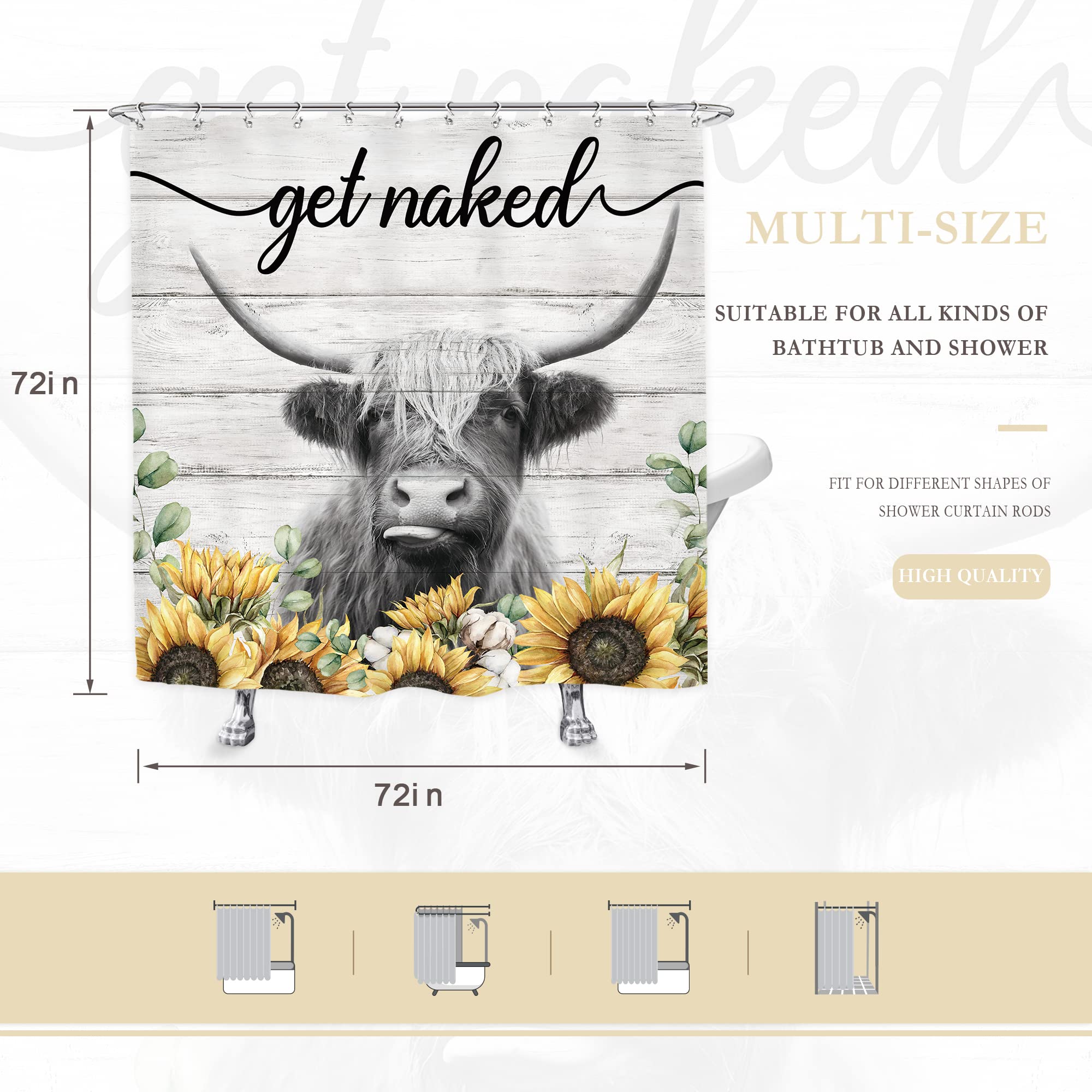 Glawry Rustic Sunflower Highland Cow Shower Curtain Get Naked Farmhouse Bull Bathroom Curtains Set Funny Animal Cattle Wood Barn