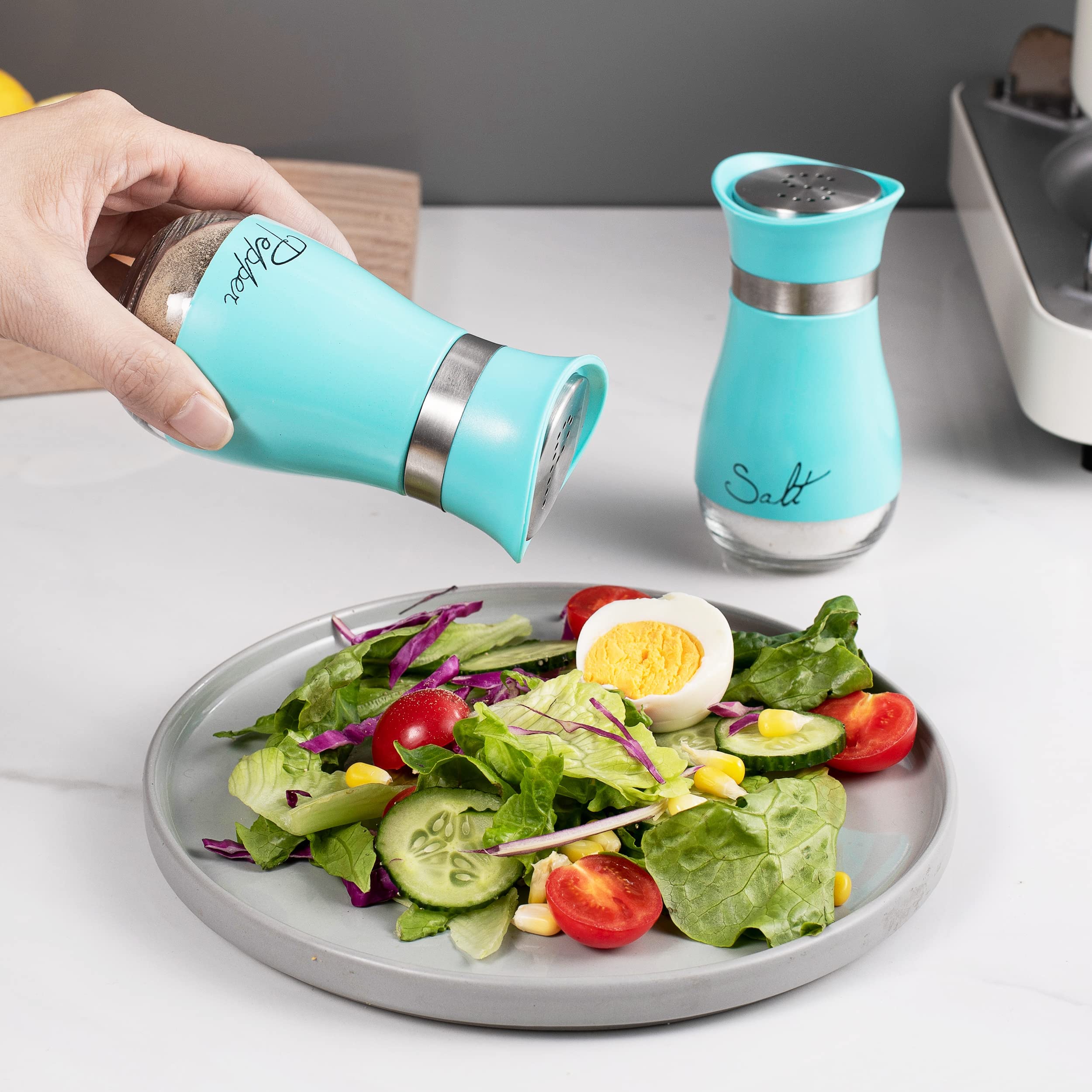 Salt And Pepper Shakers, Stainless Steel And Glass Bottle, Set Of 2, Turquoise