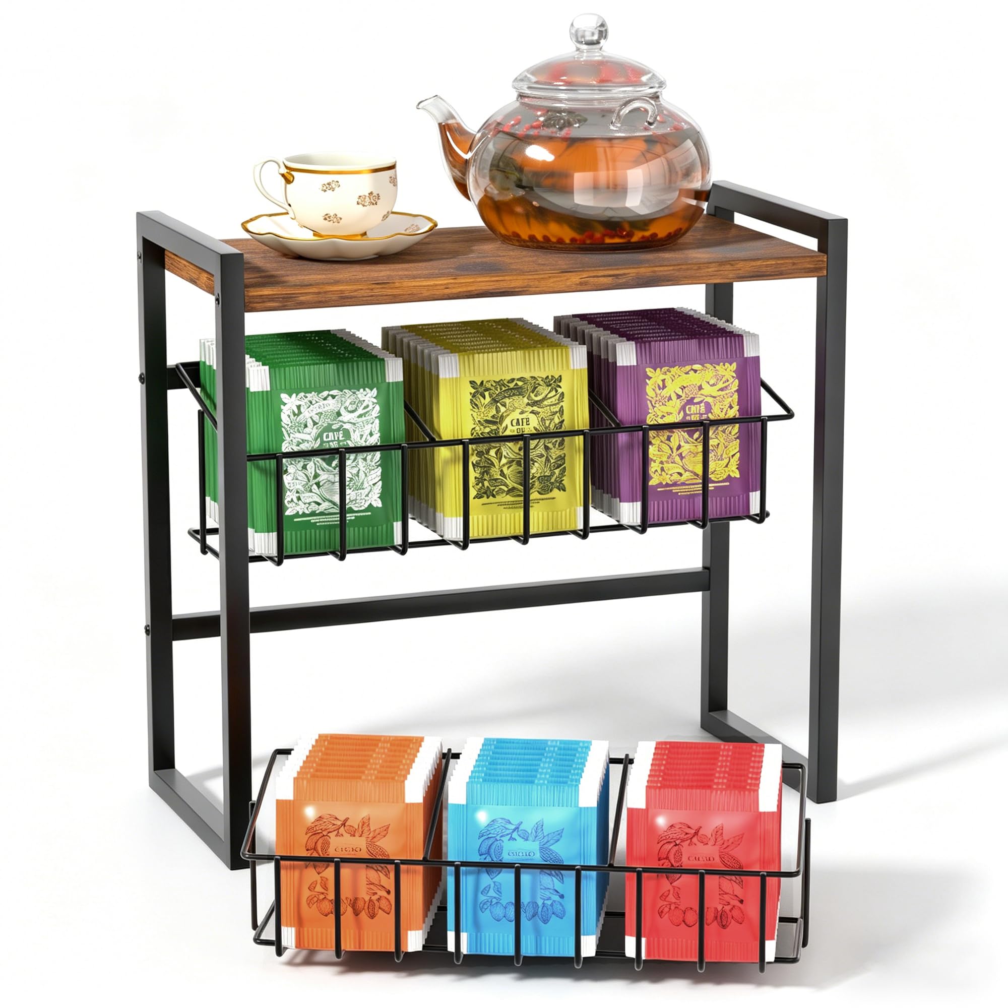 livnhood Tea Bag Organizer, 3 Tier Tea Bag Holder with 2 Removable Baskets, Wood and Metal Tea Organizers and Storage Chest for 