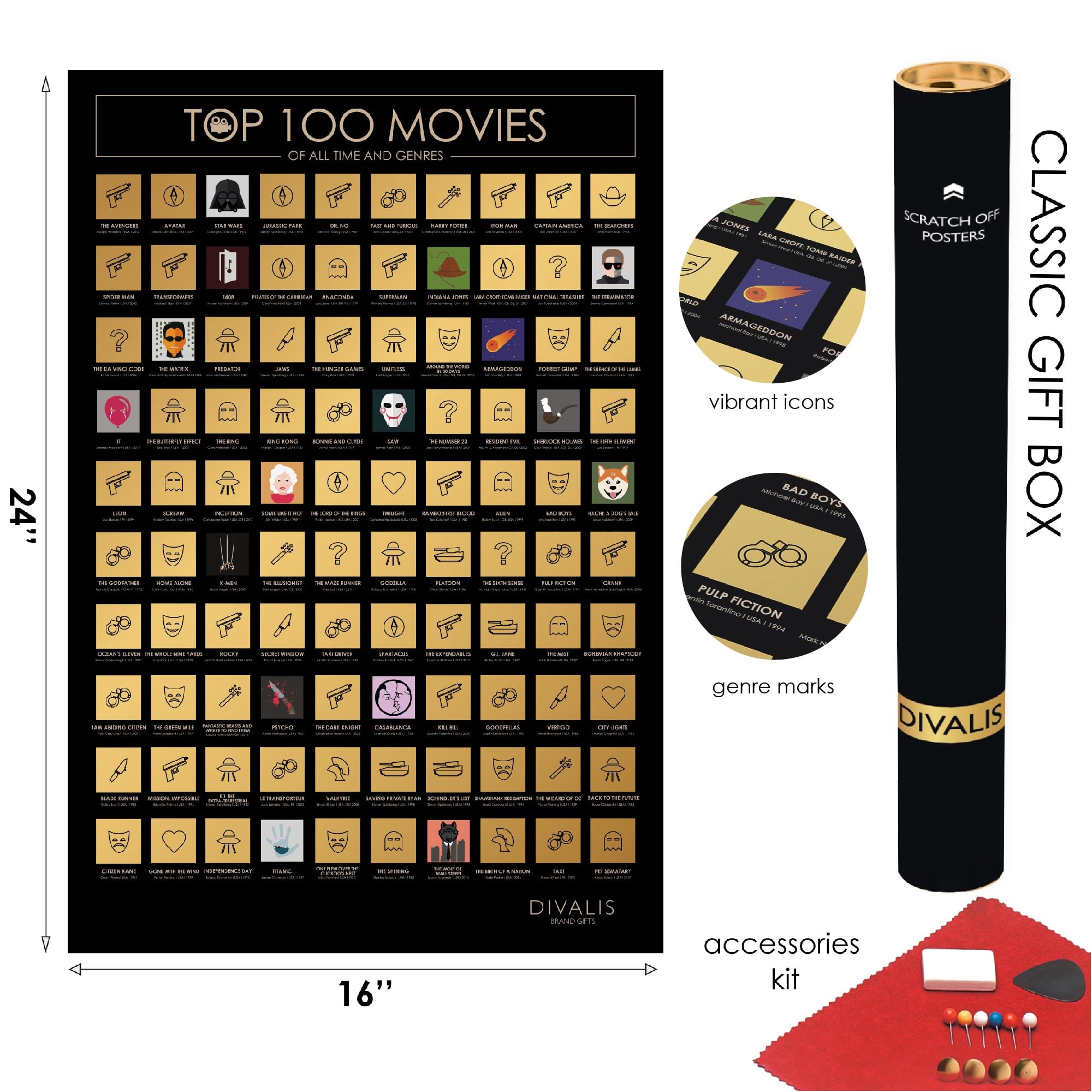 Top 100 Movies Scratch Off Poster - Bucket List Of Greatest Films To Watch - Scratchable Cinema Checklist Poster - Must See Movi