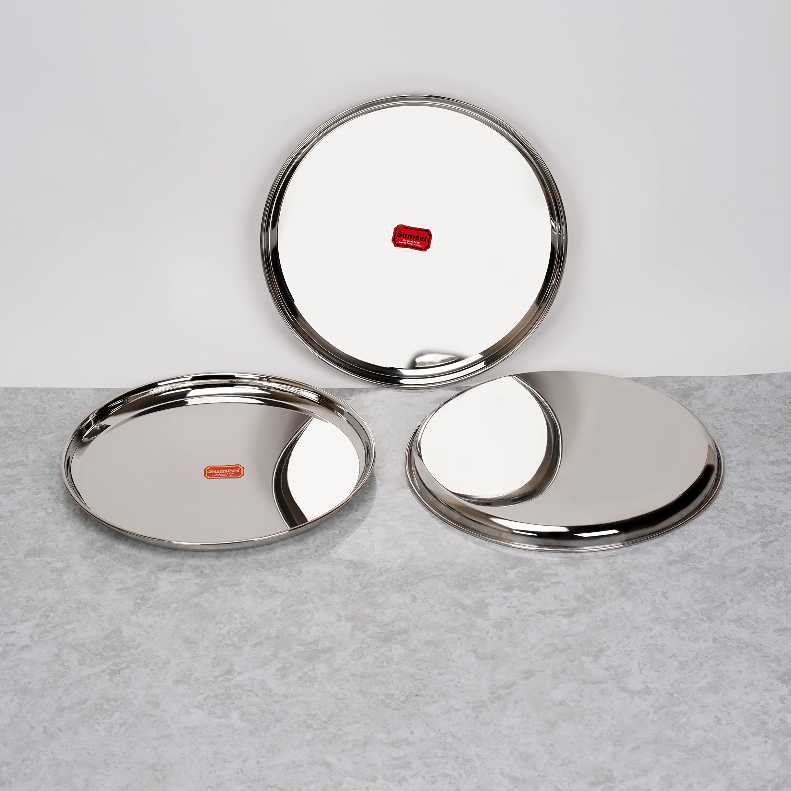 Sumeet Stainless-Steel Heavy Gauge Dinner Plates with Mirror Finish-32.3cm Dia, Set of 3pc, Silver