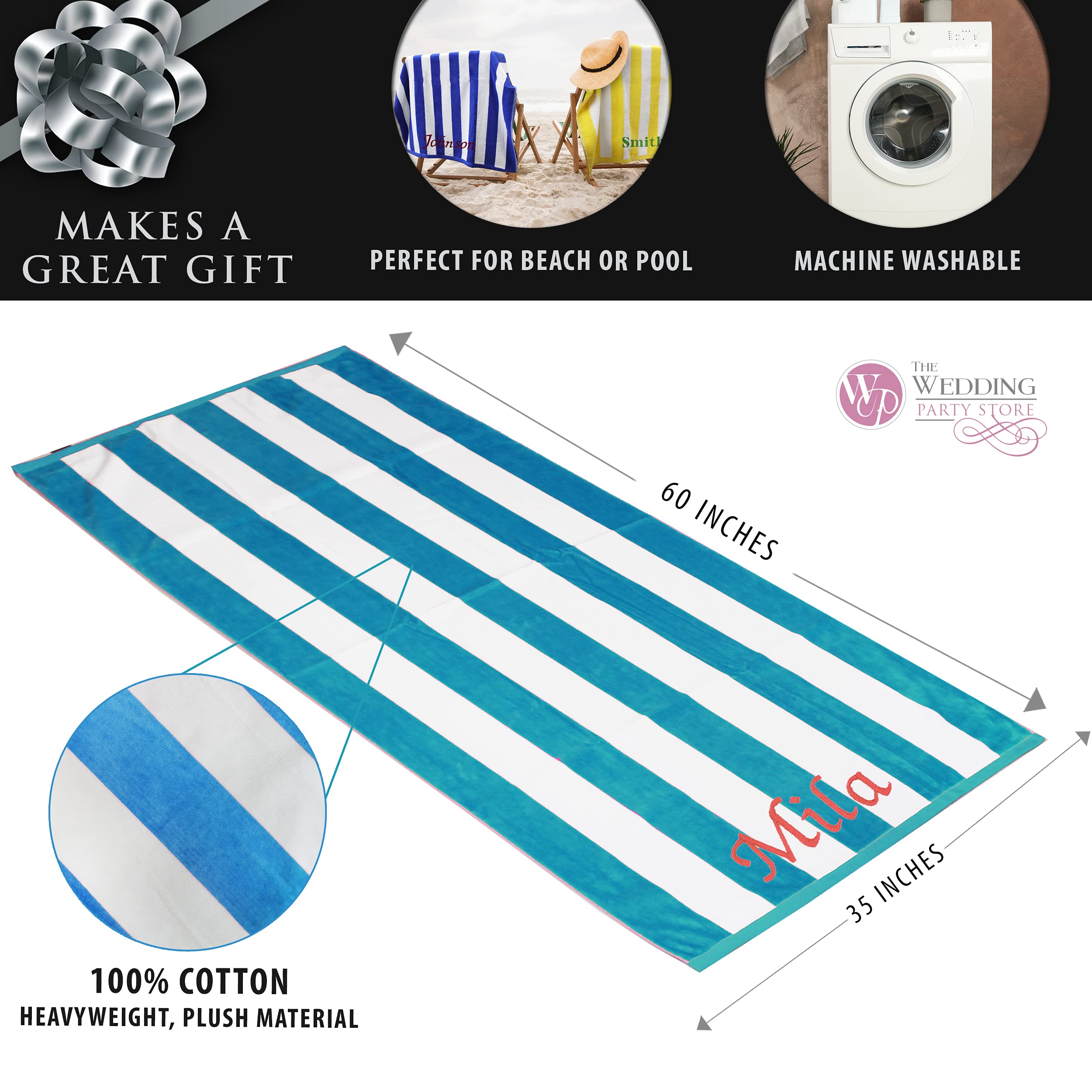 The Wedding Party Store Premium Personalized Striped Cabana Beach Towel 35'' X 60'' - Monogrammed Pool Towels - Custom Embroider