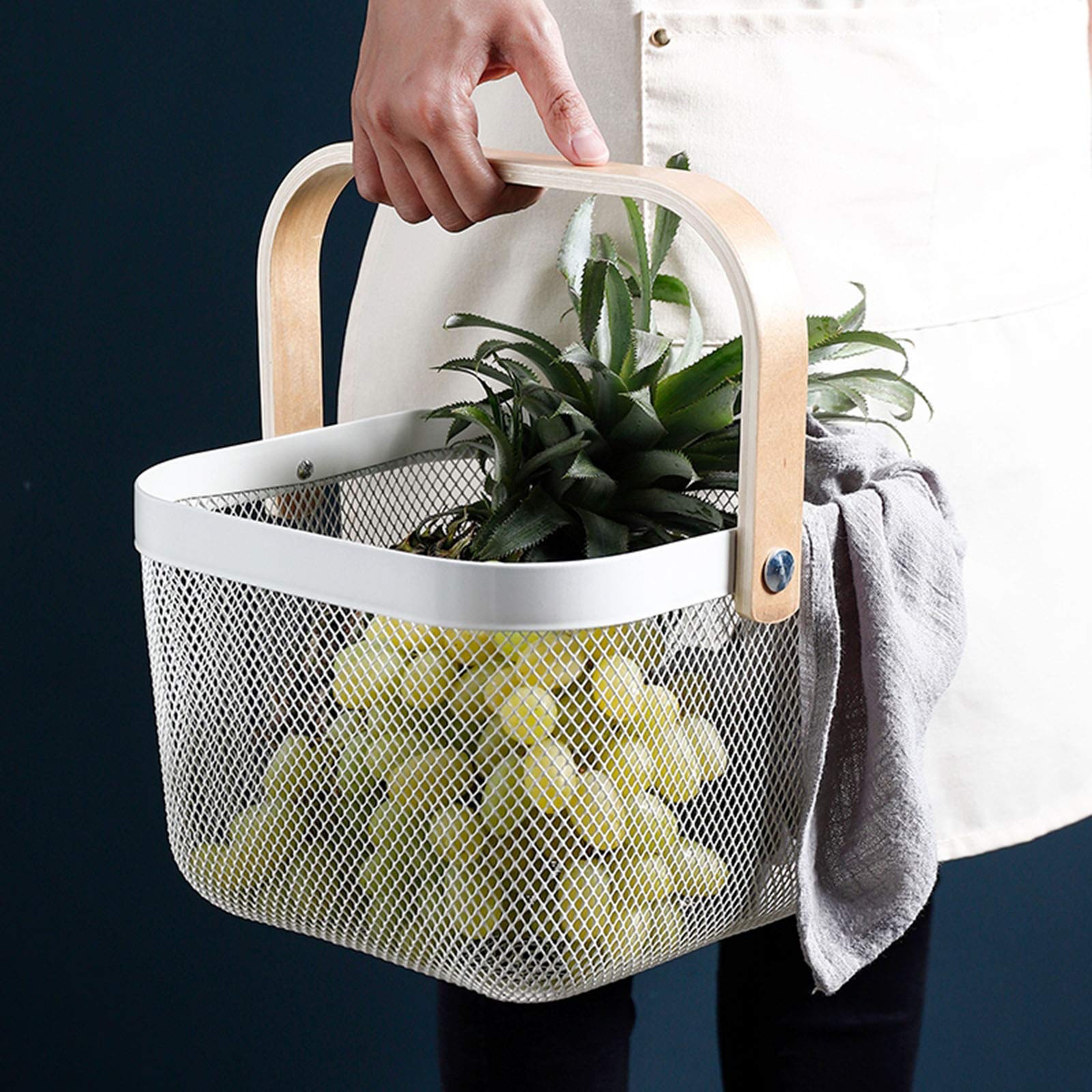 Ajioda Metal Mesh Steel Basket, Storage Organizer Basket Multi-Functional Hanging Kitchen Baskets Fruit Basket Bin With Bamboo H