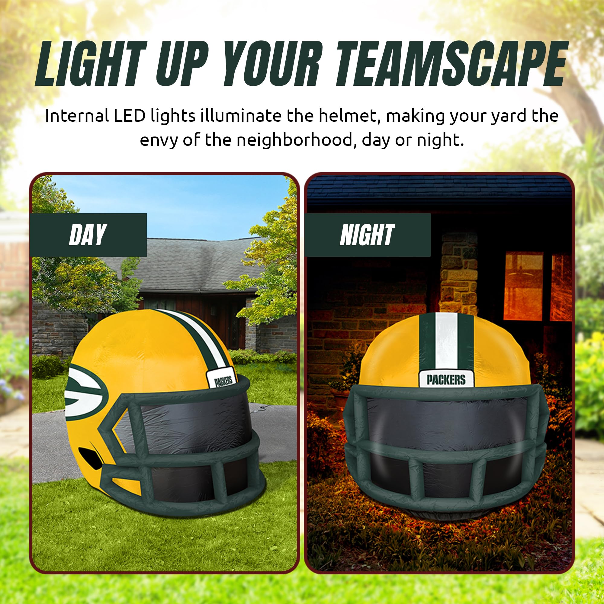 Sporticulture NFL Green Bay Packers 4ft Inflatable Helmet with LED Lights & Built-in Blower - Merchandise Decor Ideal for Lawn,