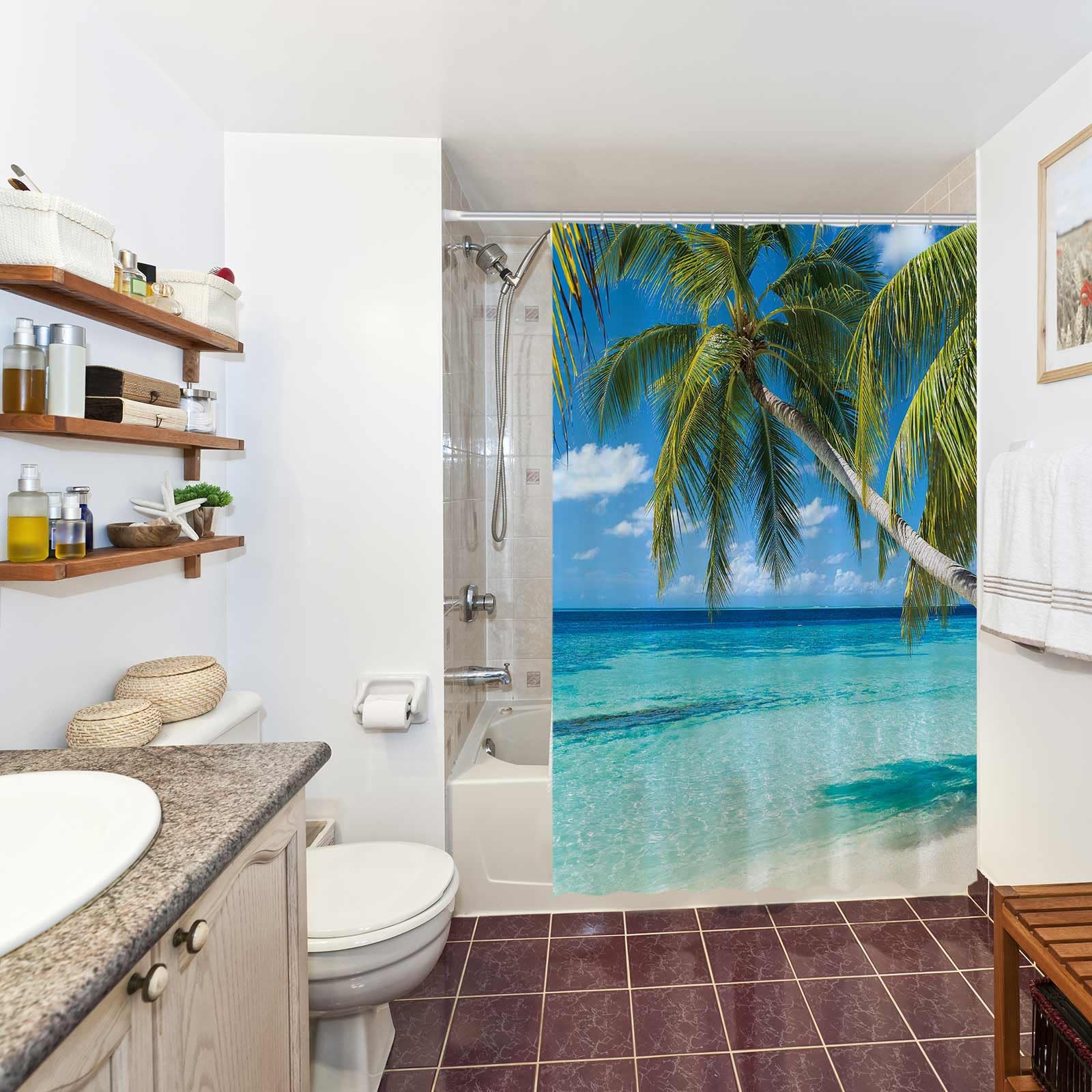 Allenjoy 72X72 Inch Summer Seaside Shower Curtain Tropical Paradise Beach Blue Sky Palm Tree Decor Home Bathroom Bathtub Curtain