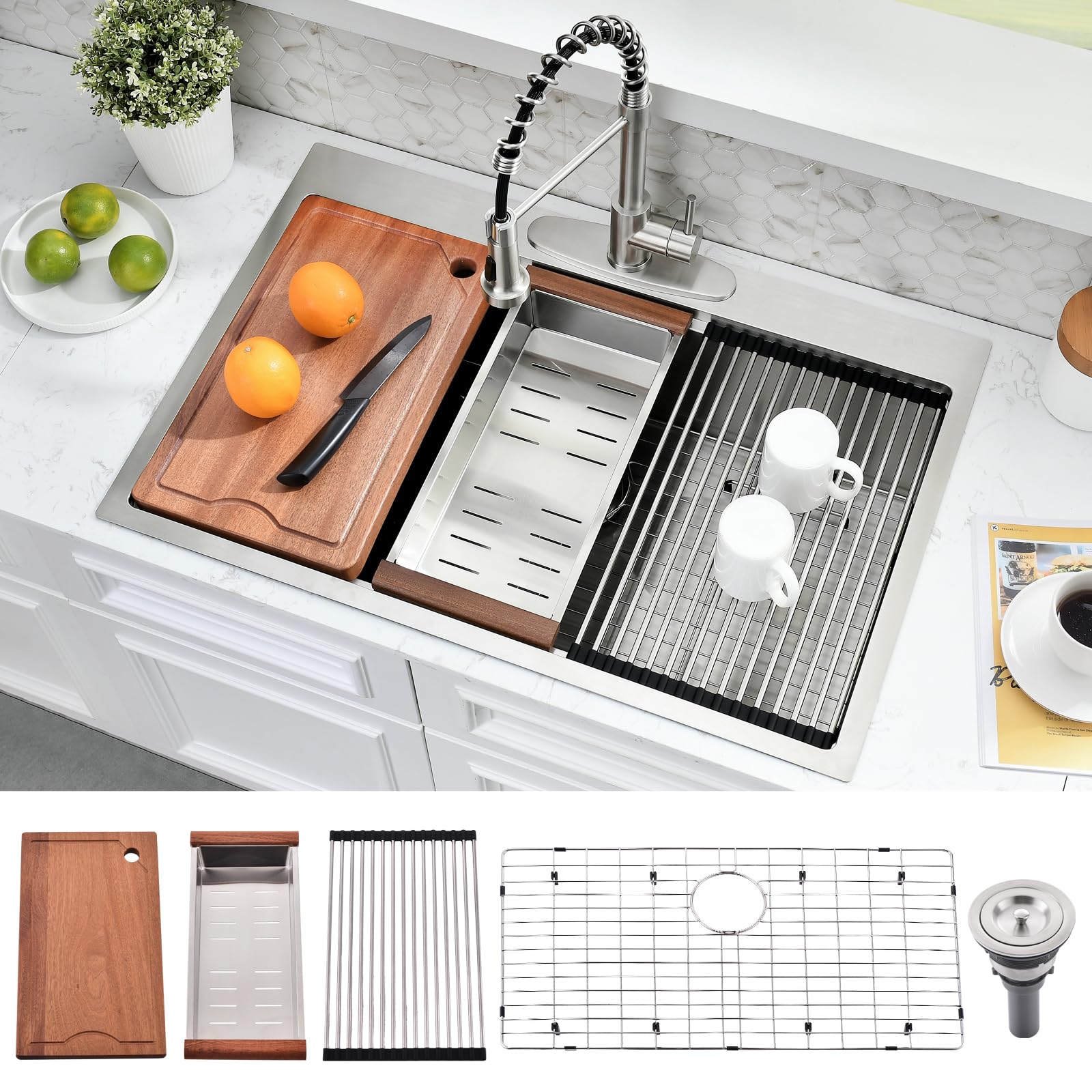 33 Inch Drop In Kitchen Sink Workstation-Somrox 33    22 Kitchen Sink Drop In Workstation Sink 16 Gauge Stainless Steel Kitchen