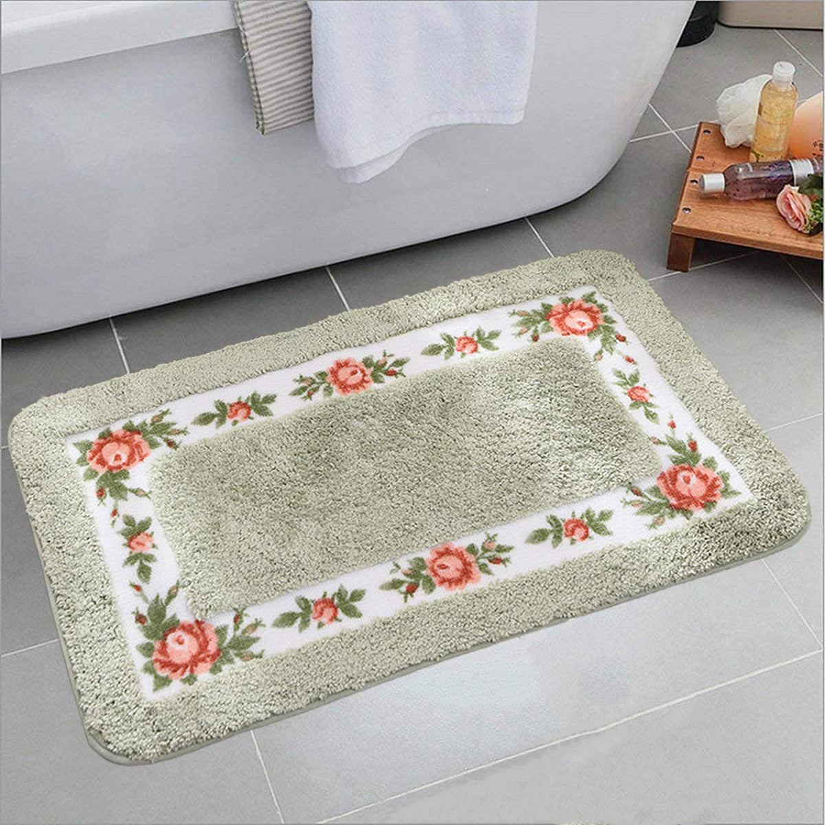 Ukeler Bath Rug Soft Shag Floral Rose Bathroom Rugs Washable Non-Slip Bath Mat For Home And Hotel, 29.5''X17.7'', Green