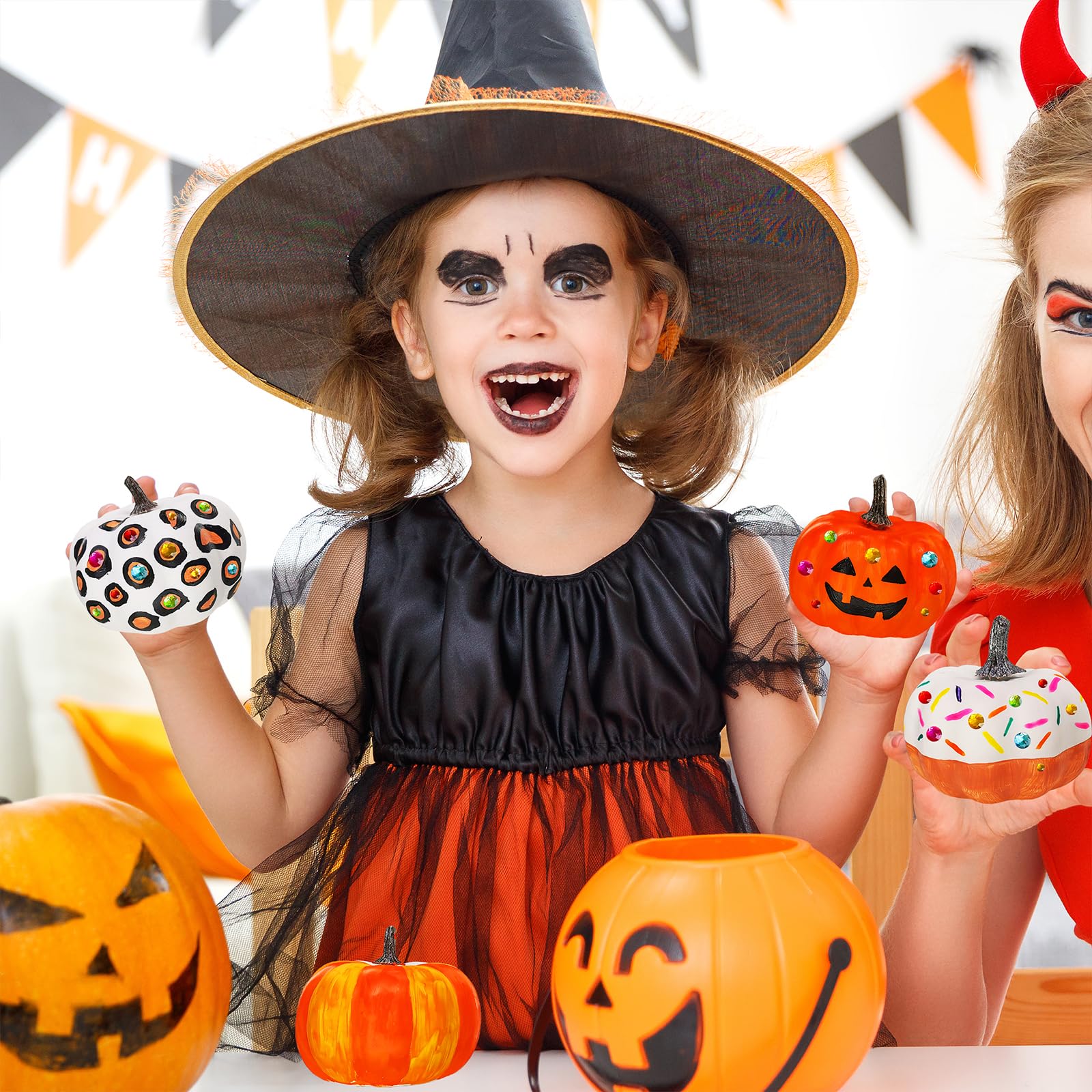 Winlyn 16 Sets 3 DIY Fall Pumpkin Painting Kits Paint Your Own Pumpkins White Foam Craft Pumpkins with Jack-O-Lantern Face Stick