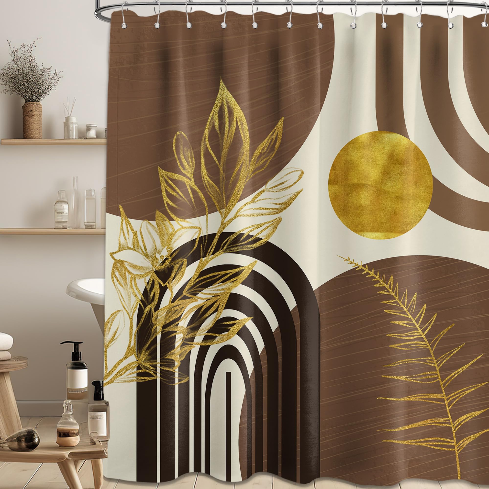 Qghot Boho Mid Century Modern Shower Curtain Black And Brown Shower Curtains For Bathroom Decor Beige And Dark Tan Gold Leaves A