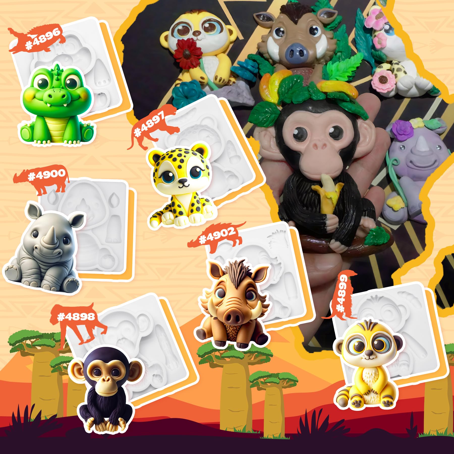 Fondant Molds Safari Animal Cake Topper 6-Count Kit Leopard Mongoose Chimpanzee Crocodile Rhinoceros Warthogs