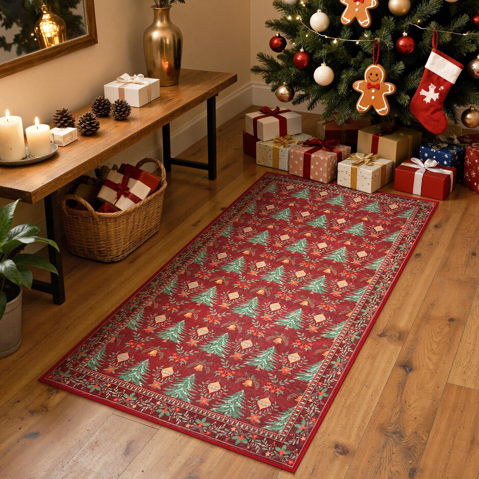 Yuemasi Christmas Rug 2x4, Red Washable Christmas Kitchen Rug Door Mat, Cozy Christmas Carpet for Entryway Non Slip, Xmas Tree P