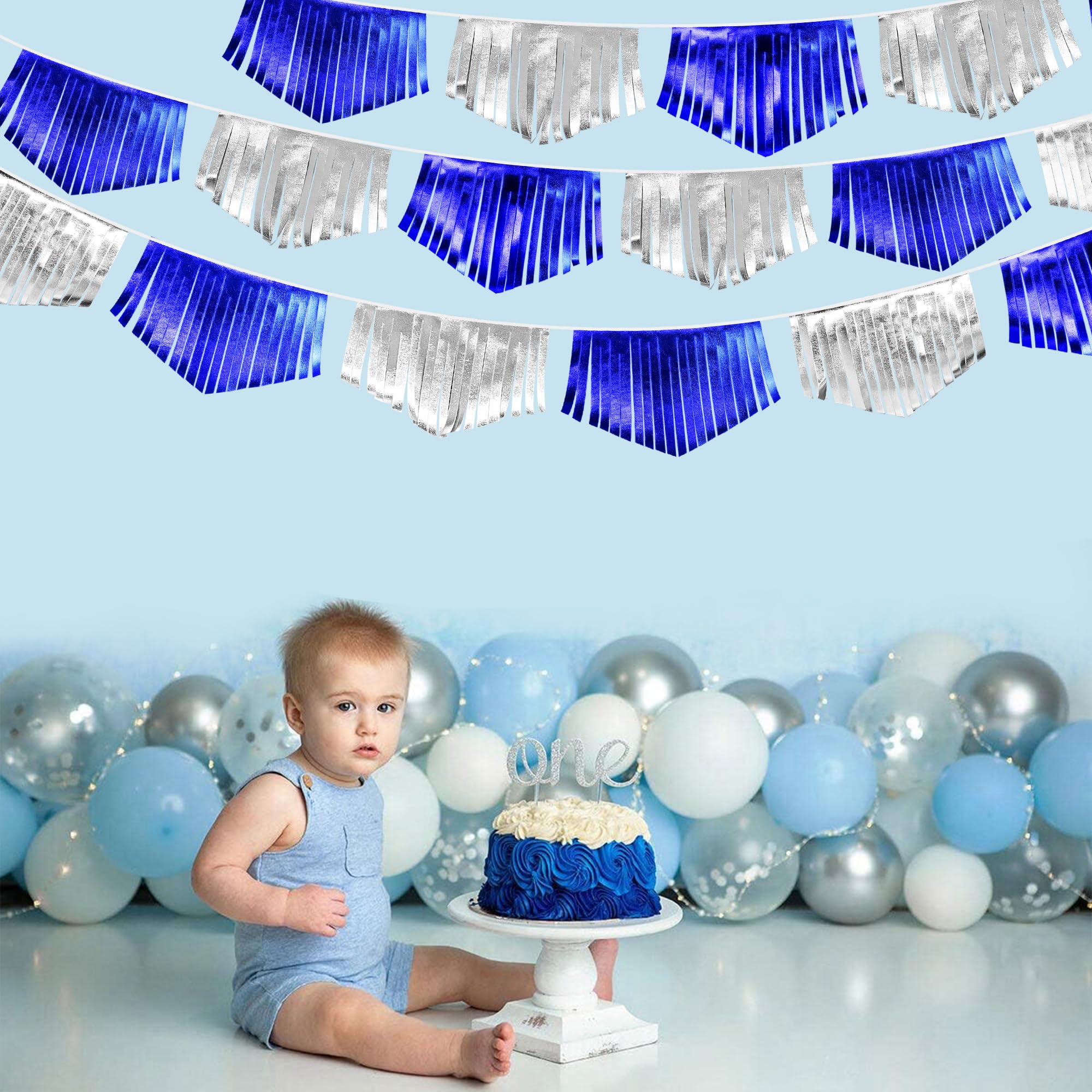 Royal Blue Silver Tassel Banner Metallic Fabric Pennant Bunting Flag For Graduation Birthday Retirement Bachelorette Engagement